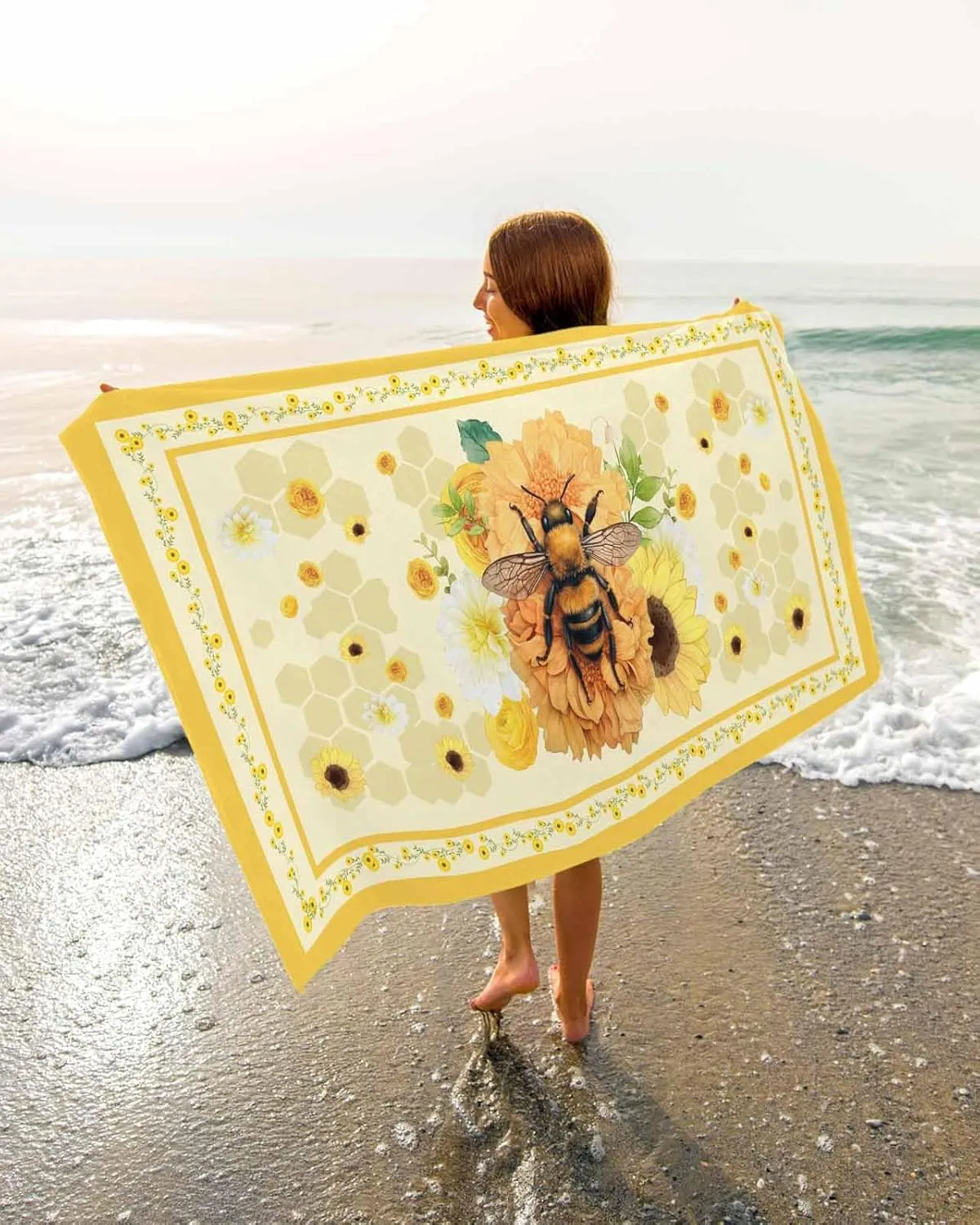Quick-Drying Microfiber Beach Towel, Rustic Floral Soft Absorbent Bath Shower Towels, Yellow Flower Bee Lightweight Portable Towel/Blanket for Travel/Swimming Pool/Camping/Yoga/Gym，35x70 Inch