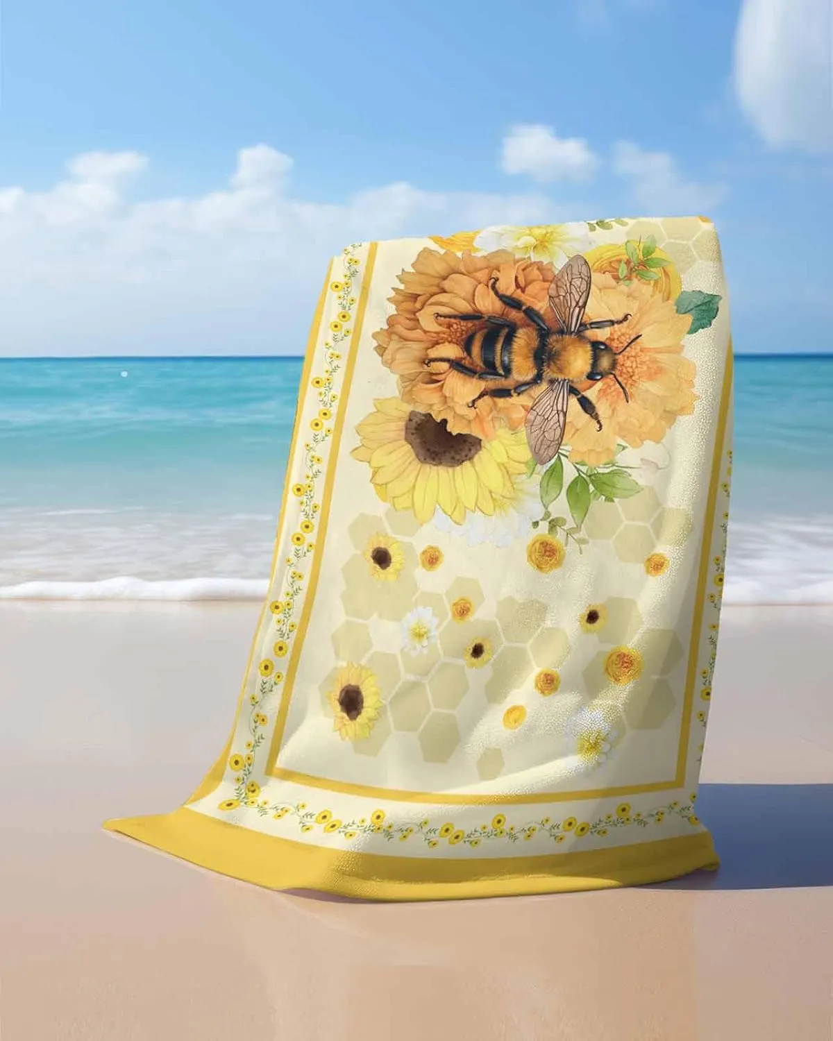 Quick-Drying Microfiber Beach Towel, Rustic Floral Soft Absorbent Bath Shower Towels, Yellow Flower Bee Lightweight Portable Towel/Blanket for Travel/Swimming Pool/Camping/Yoga/Gym，35x70 Inch