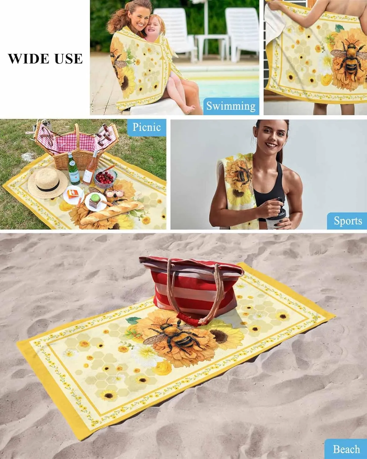 Quick-Drying Microfiber Beach Towel, Rustic Floral Soft Absorbent Bath Shower Towels, Yellow Flower Bee Lightweight Portable Towel/Blanket for Travel/Swimming Pool/Camping/Yoga/Gym，35x70 Inch