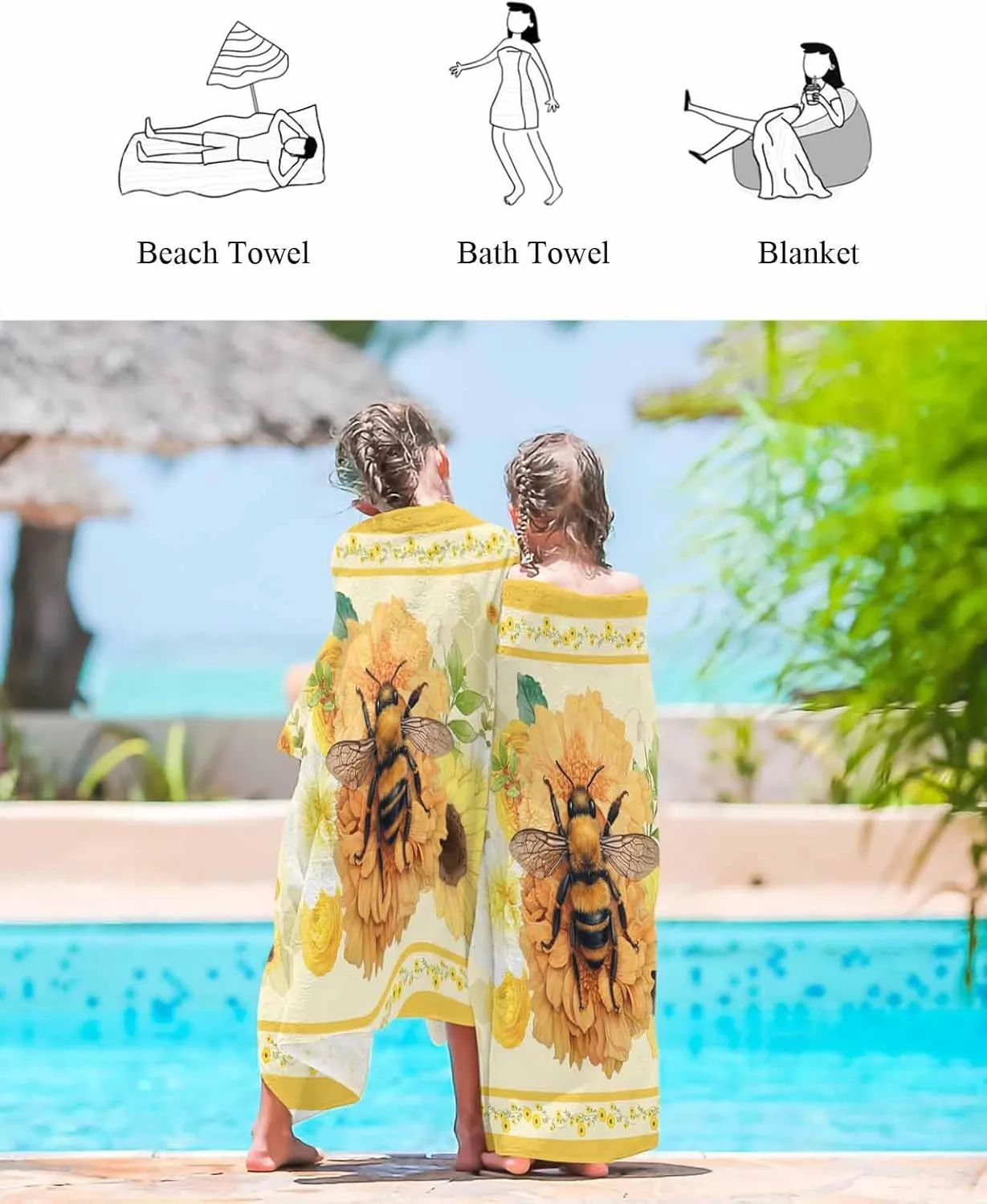 Quick-Drying Microfiber Beach Towel, Rustic Floral Soft Absorbent Bath Shower Towels, Yellow Flower Bee Lightweight Portable Towel/Blanket for Travel/Swimming Pool/Camping/Yoga/Gym，35x70 Inch