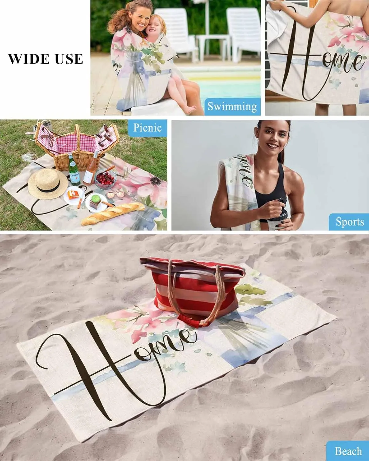 Quick-Drying Microfiber Beach Towel, Rustic Flowers Soft Absorbent Bath Shower Towels, Floral Burlap Lightweight Portable Towel/Blanket for Travel/Swimming Pool/Camping/Yoga/Gym，35x70 Inch