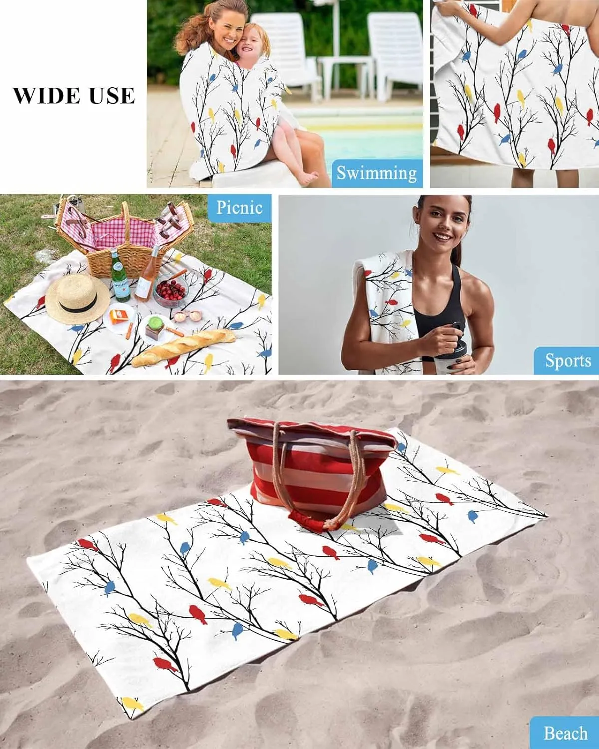 Quick-Drying Microfiber Beach Towel, Simple Branches Leaves Soft Absorbent Bath Shower Towels, Red Yellow Birds Lightweight Portable Towel/Blanket for Travel/Swimming Pool/Camping/Yoga/Gym，35x70 Inch
