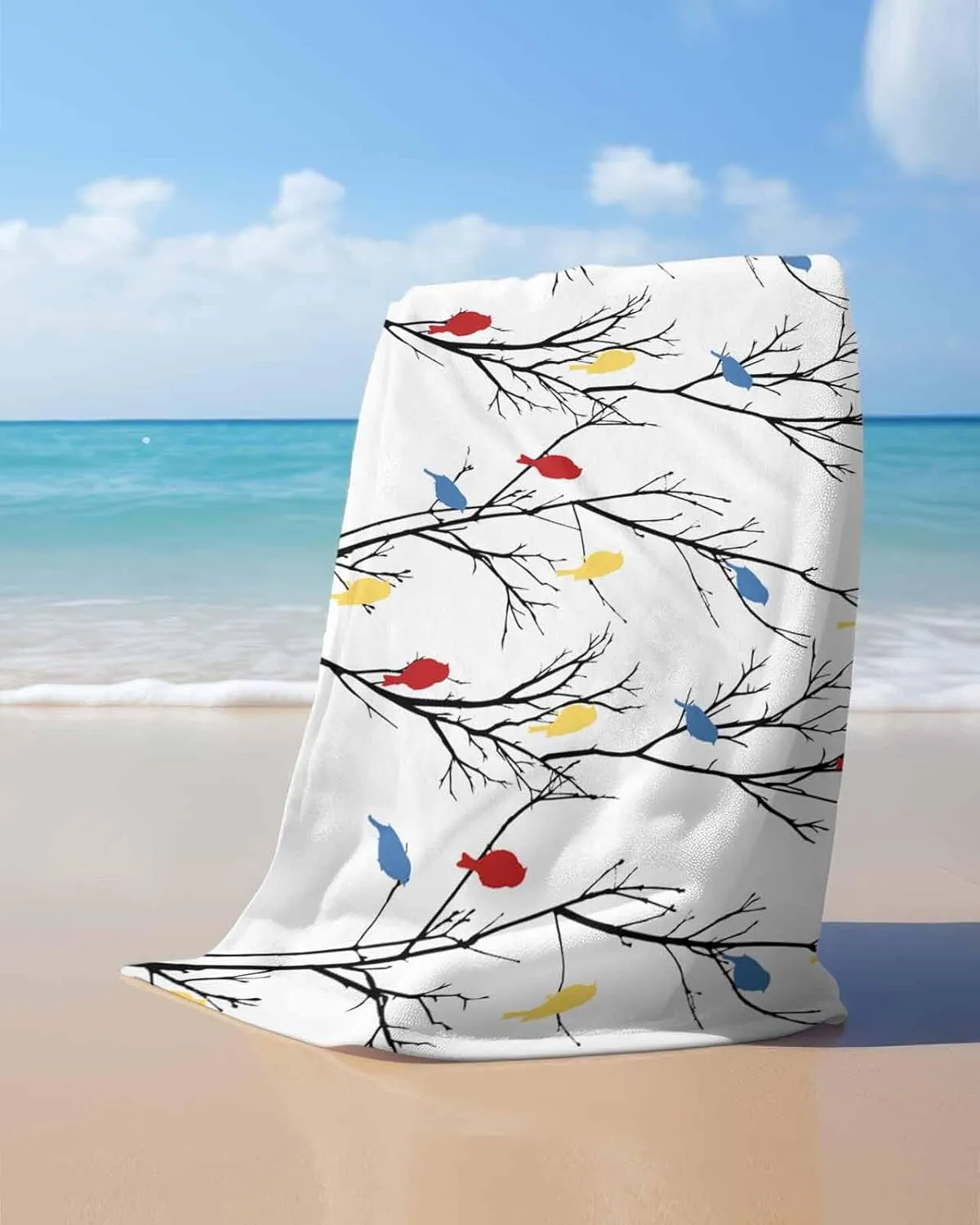 Quick-Drying Microfiber Beach Towel, Simple Branches Leaves Soft Absorbent Bath Shower Towels, Red Yellow Birds Lightweight Portable Towel/Blanket for Travel/Swimming Pool/Camping/Yoga/Gym，35x70 Inch