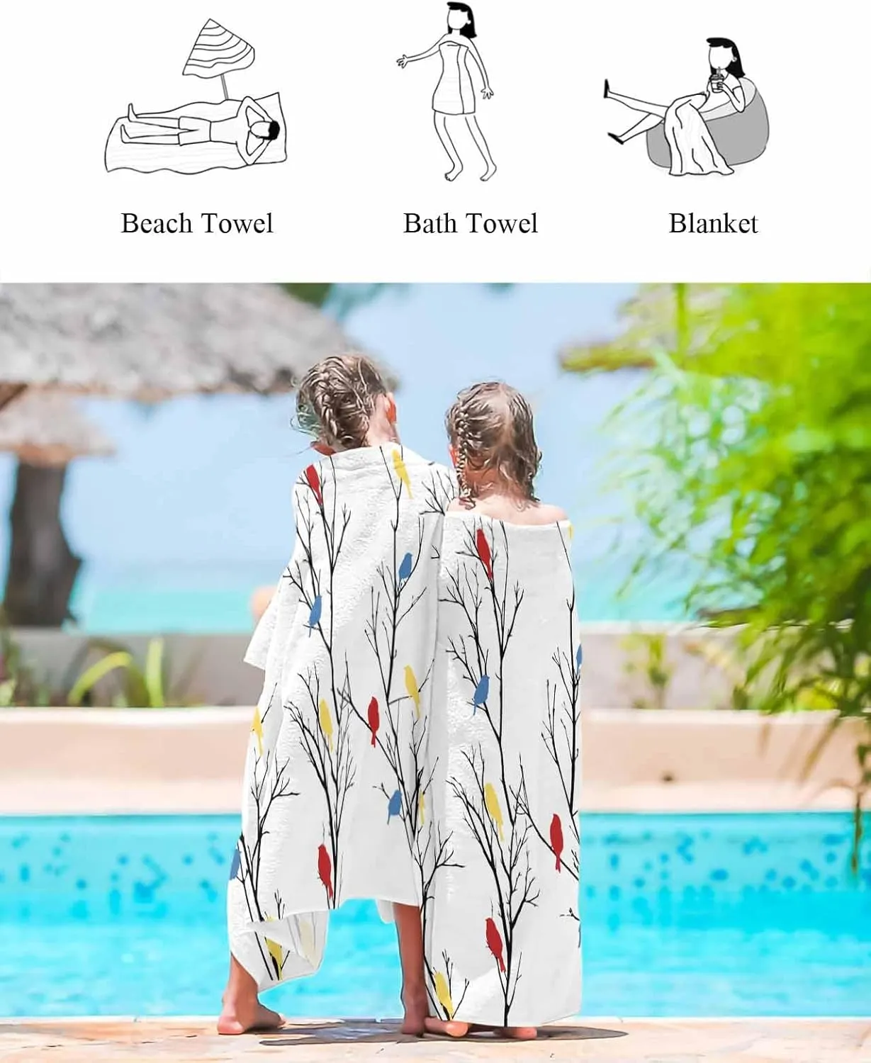 Quick-Drying Microfiber Beach Towel, Simple Branches Leaves Soft Absorbent Bath Shower Towels, Red Yellow Birds Lightweight Portable Towel/Blanket for Travel/Swimming Pool/Camping/Yoga/Gym，35x70 Inch