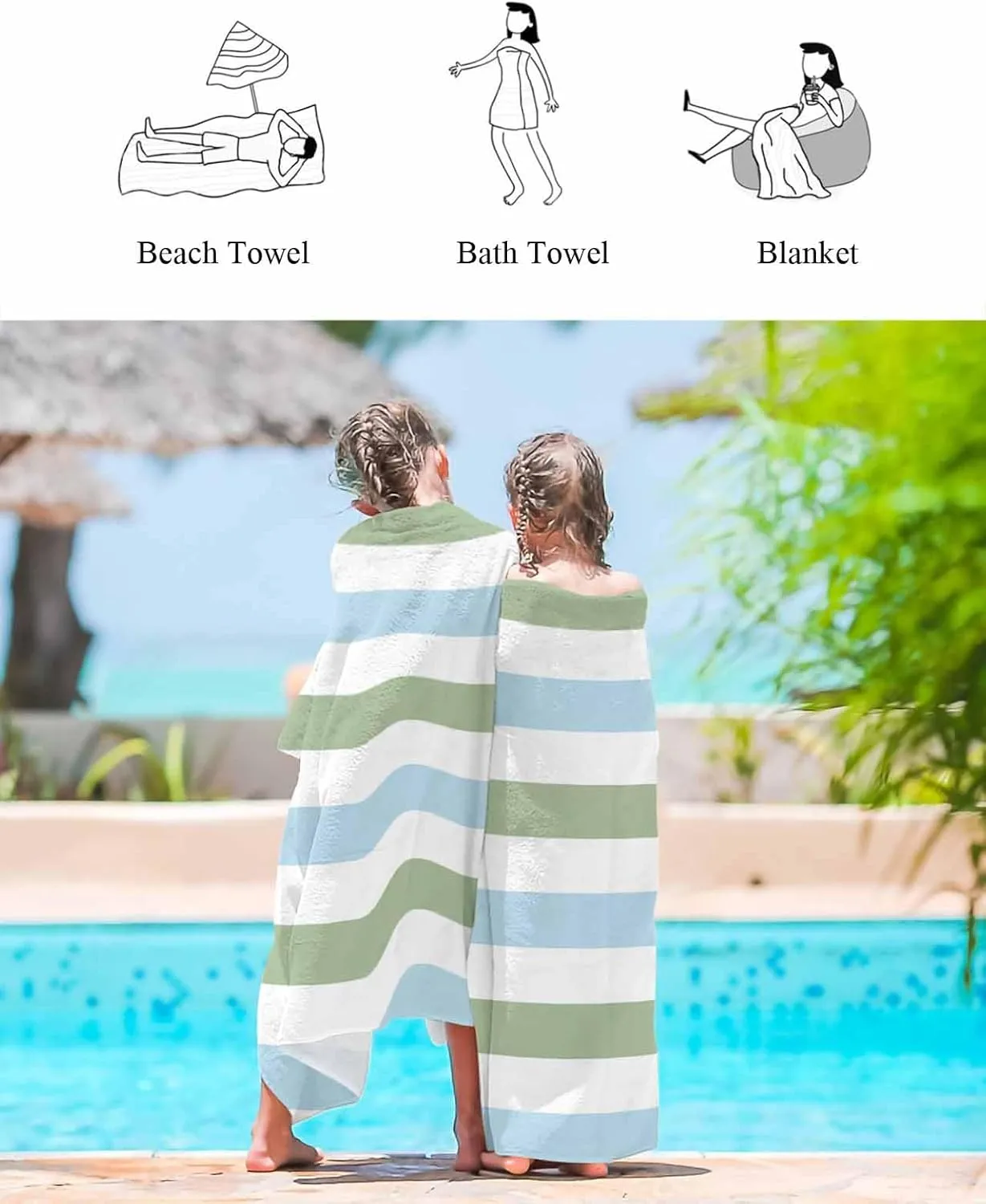 Quick-Drying Microfiber Beach Towel, Simple Soft Absorbent Bath Shower Towels, Sage Green Blue Stripes Lightweight Portable Towel/Blanket for Travel/Swimming Pool/Camping/Yoga/Gym，35x70 Inch
