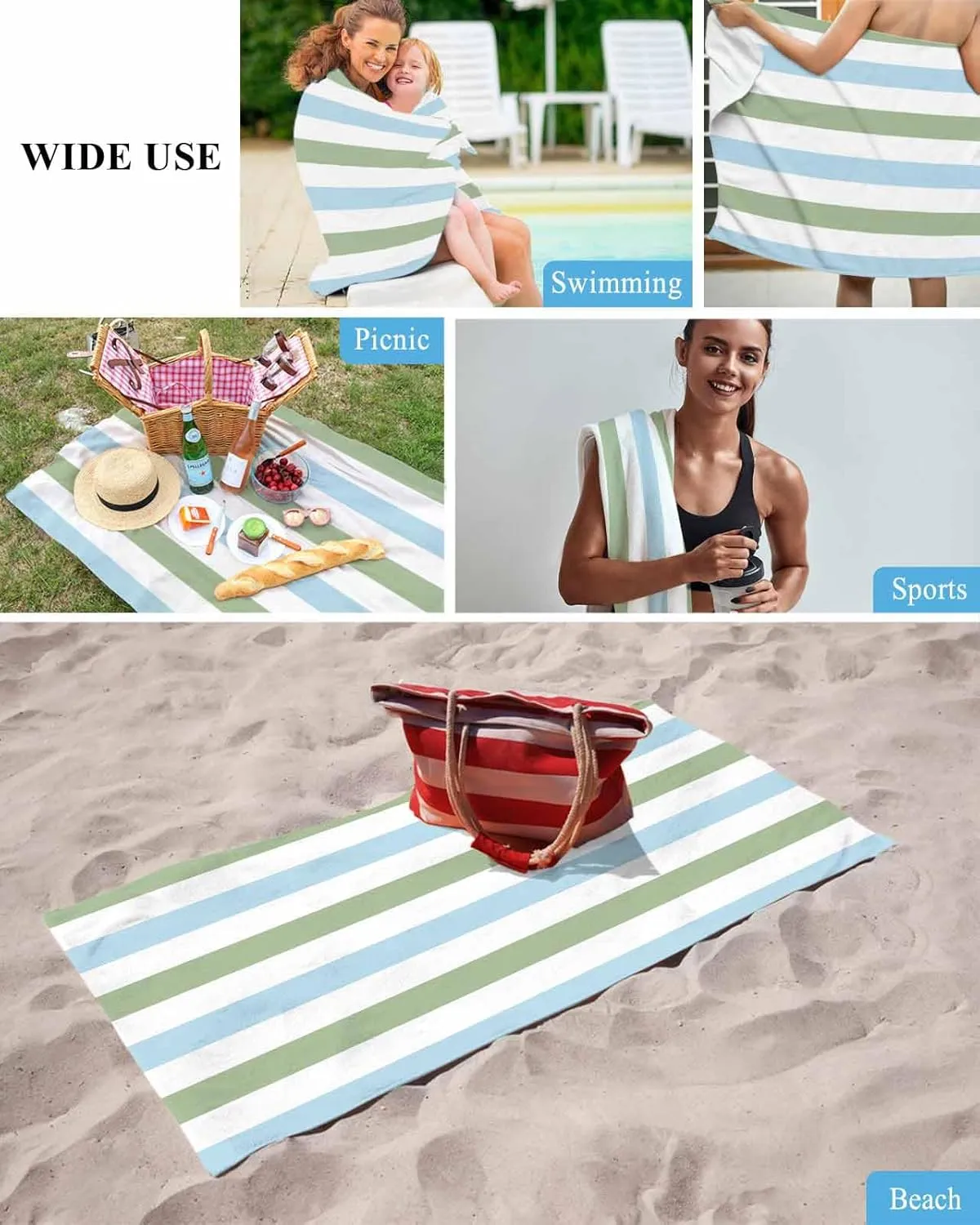 Quick-Drying Microfiber Beach Towel, Simple Soft Absorbent Bath Shower Towels, Sage Green Blue Stripes Lightweight Portable Towel/Blanket for Travel/Swimming Pool/Camping/Yoga/Gym，35x70 Inch