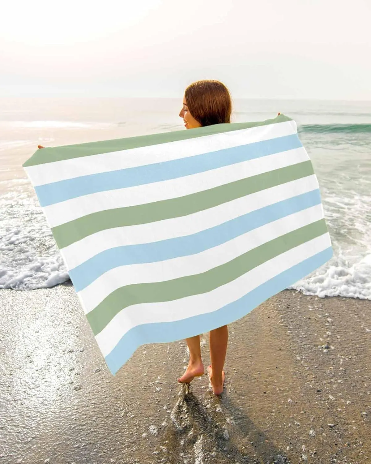 Quick-Drying Microfiber Beach Towel, Simple Soft Absorbent Bath Shower Towels, Sage Green Blue Stripes Lightweight Portable Towel/Blanket for Travel/Swimming Pool/Camping/Yoga/Gym，35x70 Inch