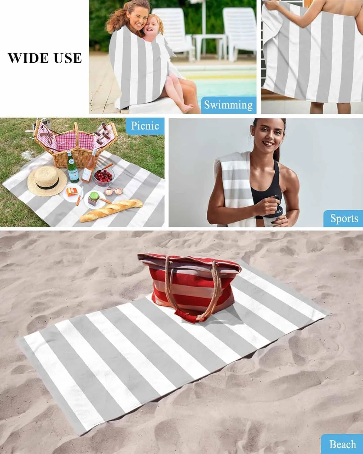 Quick-Drying Microfiber Beach Towel, Simple Stripe Soft Absorbent Bath Shower Towels, Gray Lightweight Portable Towel/Blanket for Travel/Swimming Pool/Camping/Yoga/Gym，35x70 Inch