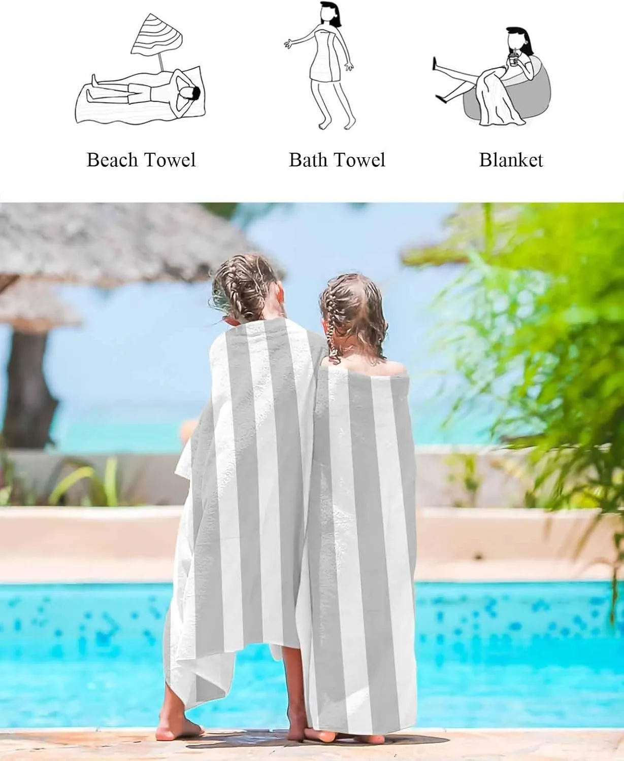 Quick-Drying Microfiber Beach Towel, Simple Stripe Soft Absorbent Bath Shower Towels, Gray Lightweight Portable Towel/Blanket for Travel/Swimming Pool/Camping/Yoga/Gym，35x70 Inch
