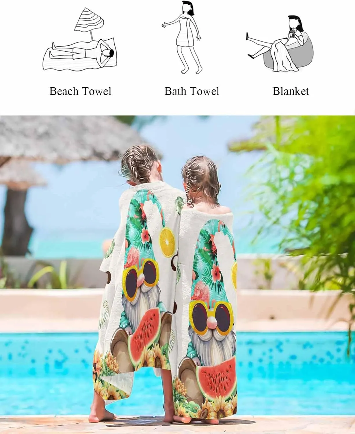 Quick-Drying Microfiber Beach Towel, Summer Gnome Sunflower Watermelon Soft Absorbent Bath Shower Towels, Lightweight Portable Towel/Blanket for Travel/Swimming Pool/Camping/Yoga/Gym，35x70 Inch