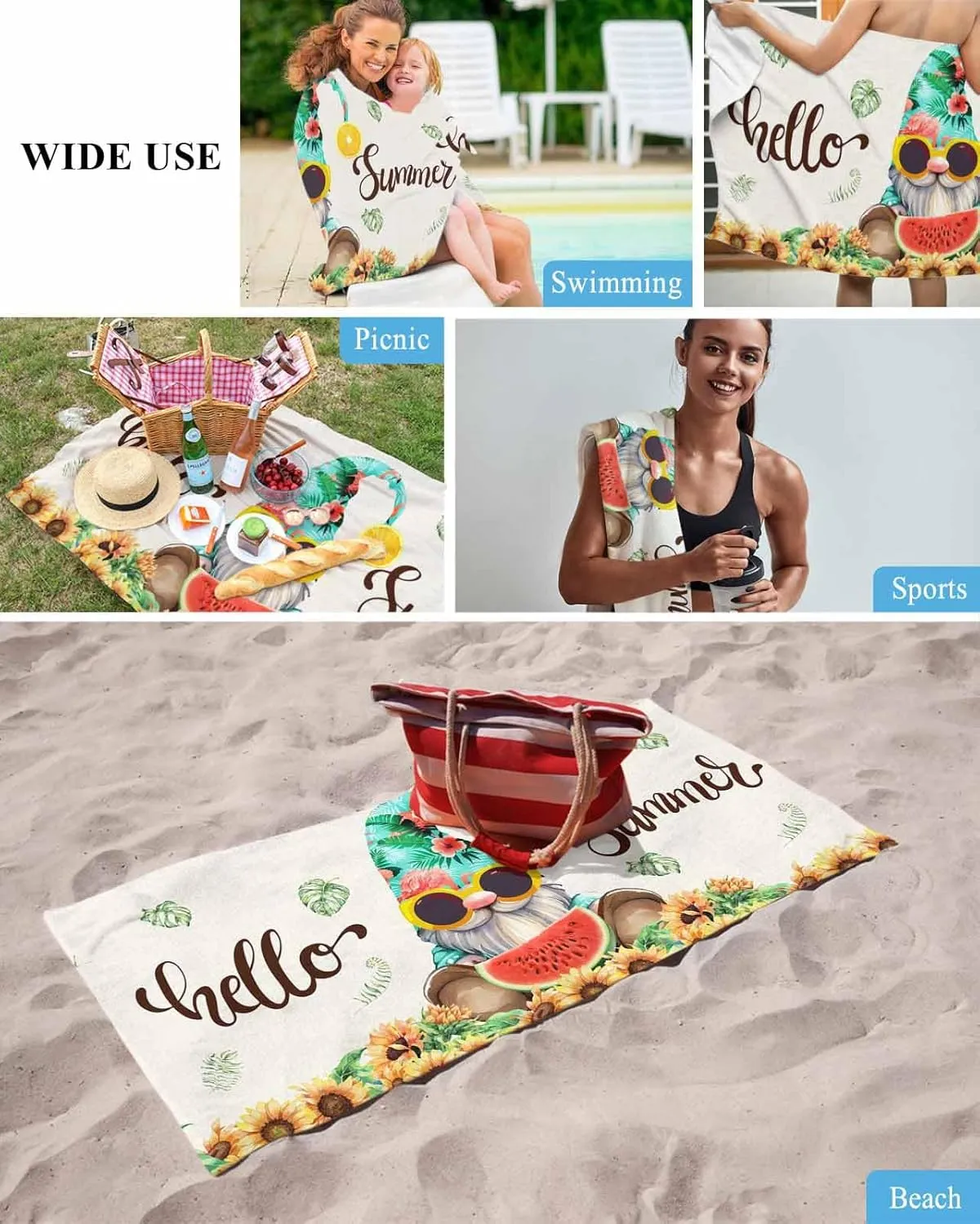 Quick-Drying Microfiber Beach Towel, Summer Gnome Sunflower Watermelon Soft Absorbent Bath Shower Towels, Lightweight Portable Towel/Blanket for Travel/Swimming Pool/Camping/Yoga/Gym，35x70 Inch