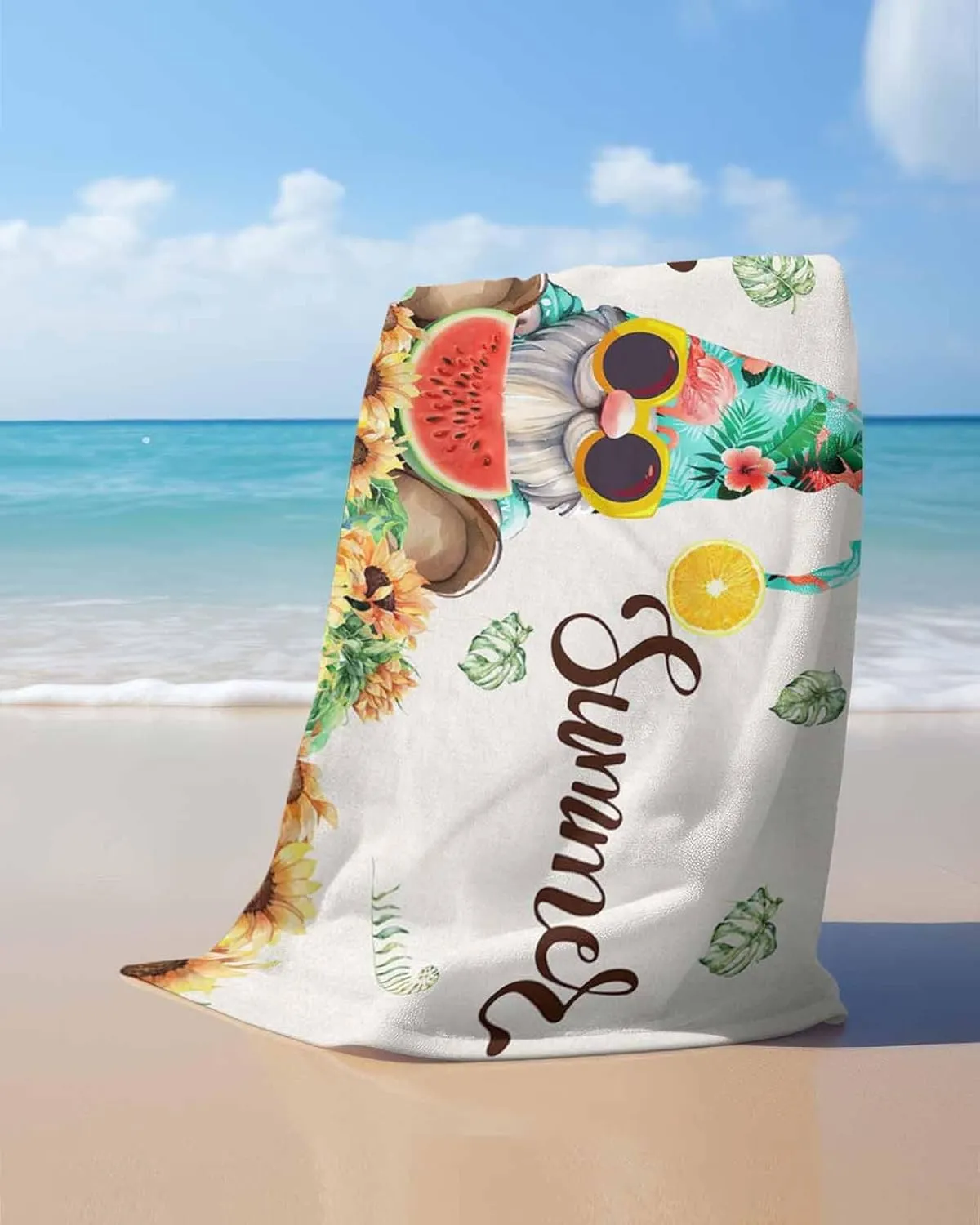 Quick-Drying Microfiber Beach Towel, Summer Gnome Sunflower Watermelon Soft Absorbent Bath Shower Towels, Lightweight Portable Towel/Blanket for Travel/Swimming Pool/Camping/Yoga/Gym，35x70 Inch