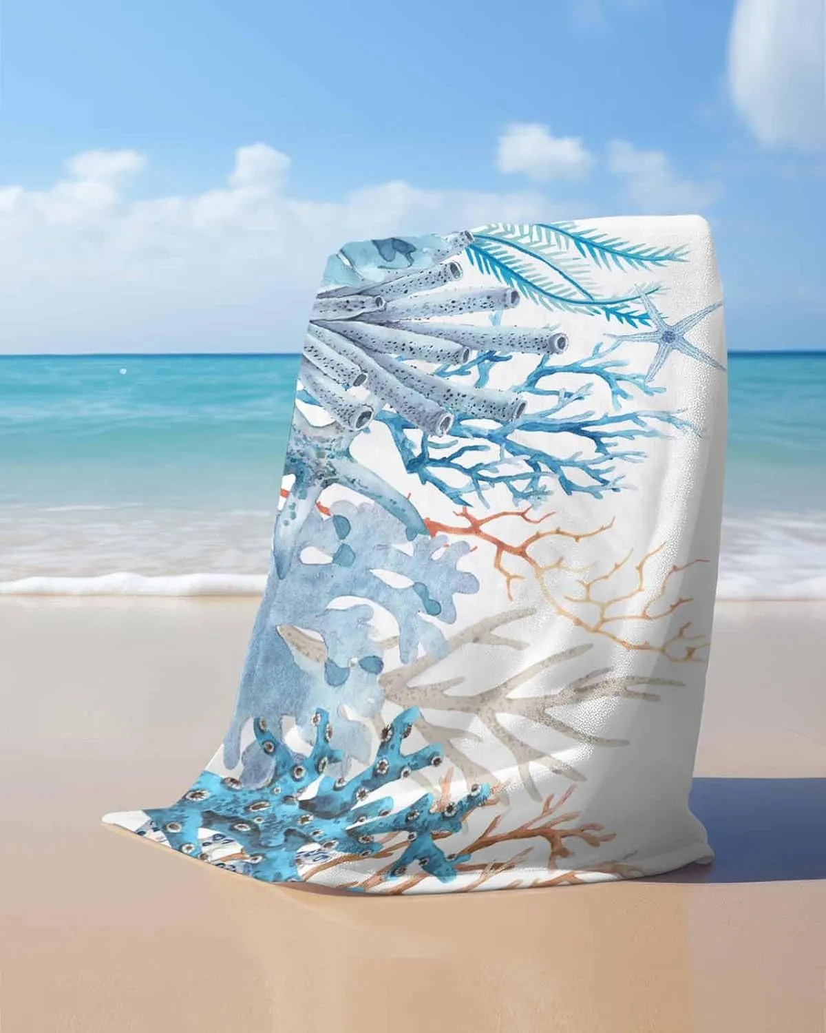 Quick-Drying Microfiber Beach Towel, Summer Ocean Soft Absorbent Bath Shower Towels, Blue Coral Starfish Lightweight Portable Towel/Blanket for Travel/Swimming Pool/Camping/Yoga/Gym，35x70 Inch
