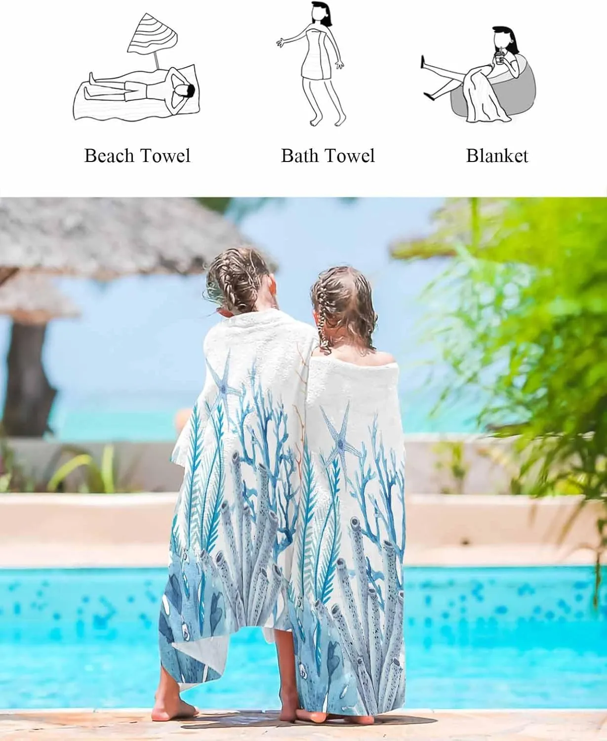 Quick-Drying Microfiber Beach Towel, Summer Ocean Soft Absorbent Bath Shower Towels, Blue Coral Starfish Lightweight Portable Towel/Blanket for Travel/Swimming Pool/Camping/Yoga/Gym，35x70 Inch