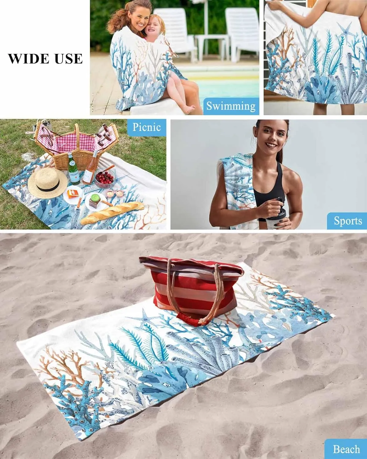 Quick-Drying Microfiber Beach Towel, Summer Ocean Soft Absorbent Bath Shower Towels, Blue Coral Starfish Lightweight Portable Towel/Blanket for Travel/Swimming Pool/Camping/Yoga/Gym，35x70 Inch