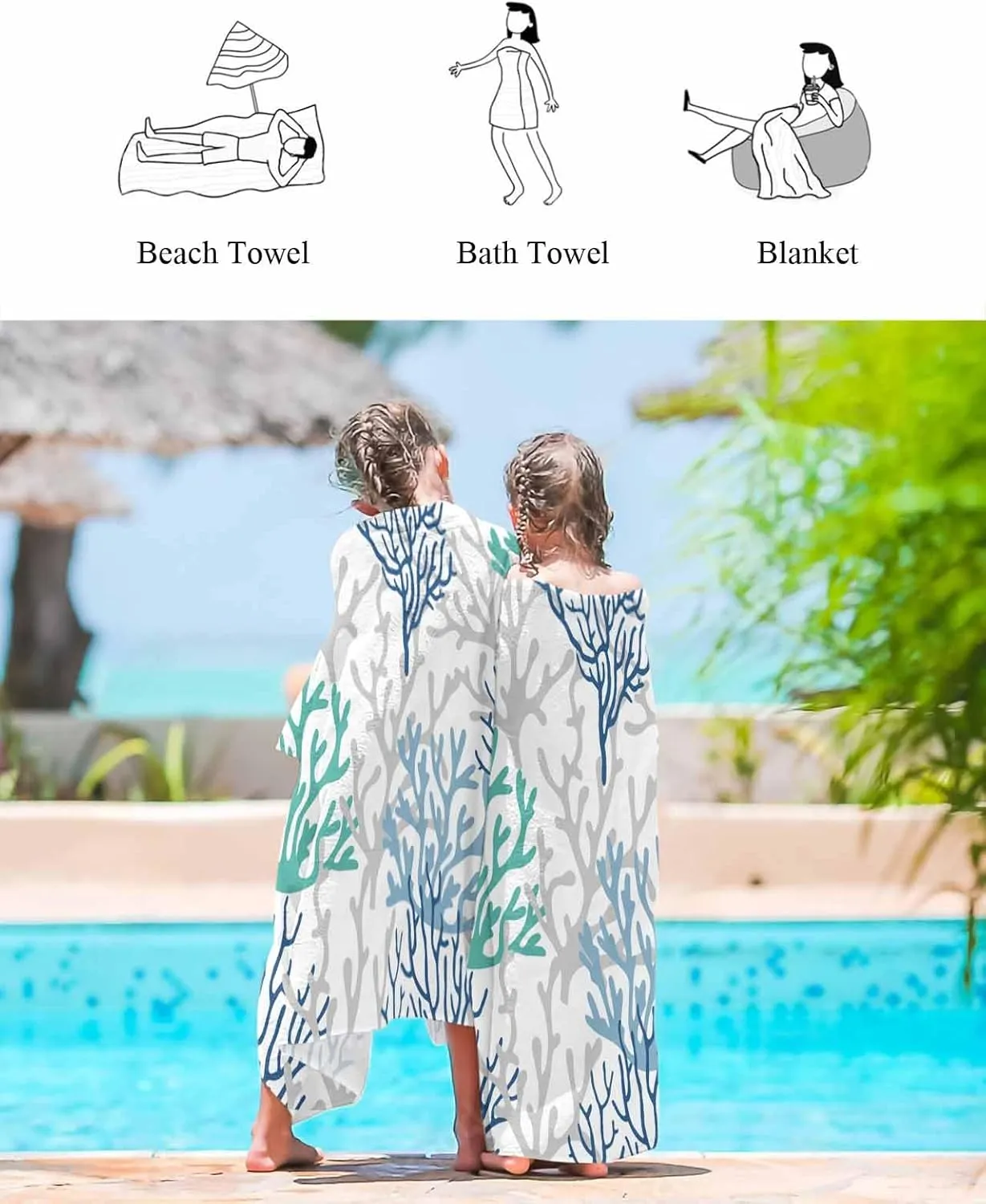 Quick-Drying Microfiber Beach Towel, Summer Ocean Soft Absorbent Bath Shower Towels, Coral Blue Teal Gray Lightweight Portable Towel/Blanket for Travel/Swimming Pool/Camping/Yoga/Gym，35x70 Inch