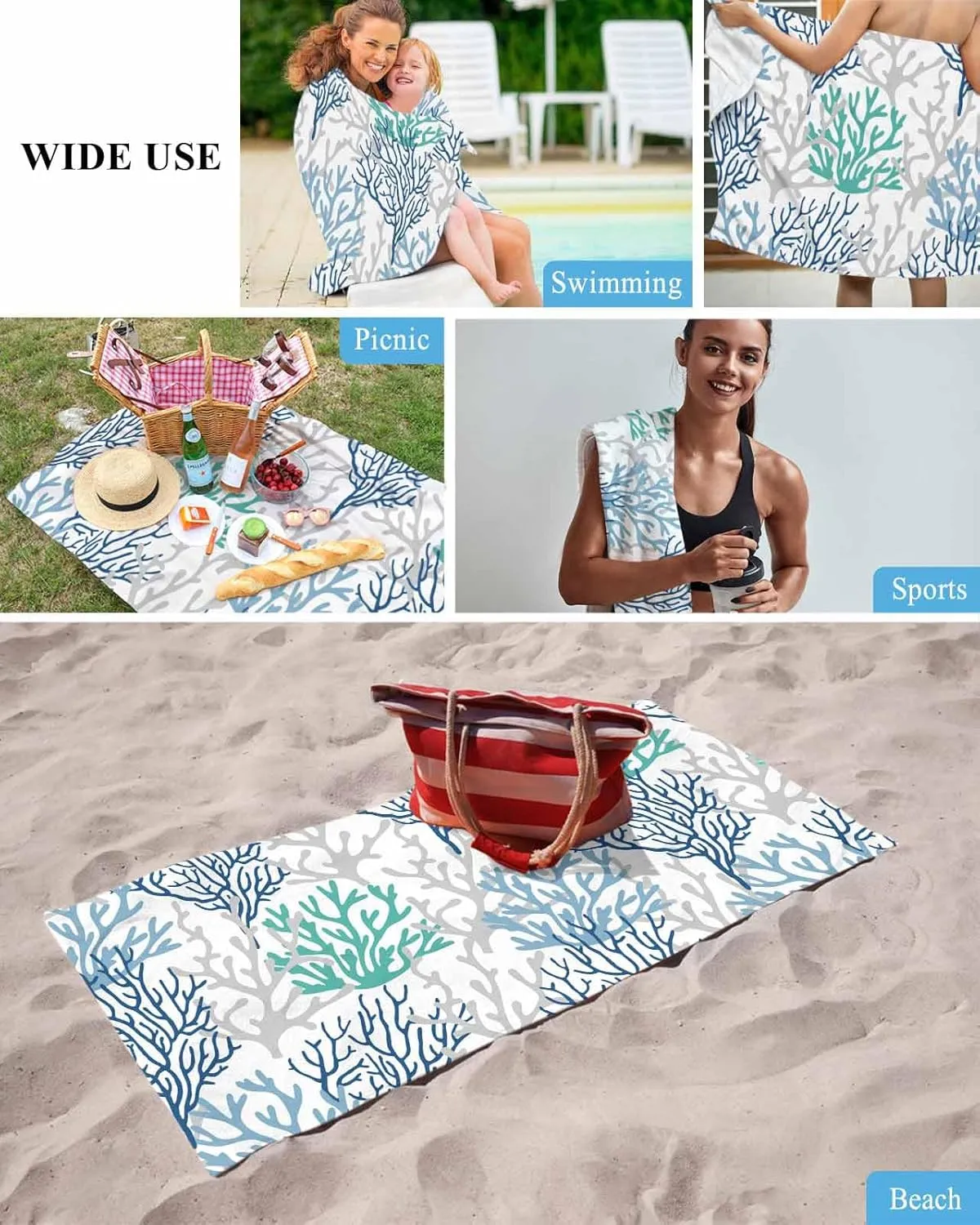Quick-Drying Microfiber Beach Towel, Summer Ocean Soft Absorbent Bath Shower Towels, Coral Blue Teal Gray Lightweight Portable Towel/Blanket for Travel/Swimming Pool/Camping/Yoga/Gym，35x70 Inch