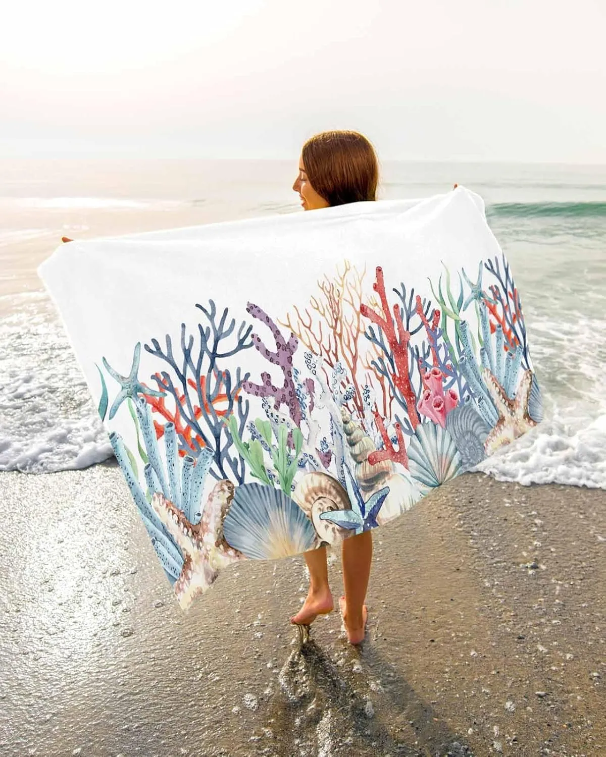 Quick-Drying Microfiber Beach Towel, Summer Ocean Soft Absorbent Bath Shower Towels, Coral Shell Conch Starfish Lightweight Portable Towel/Blanket for Travel/Swimming Pool/Camping/Yoga/Gym，35x70 Inch