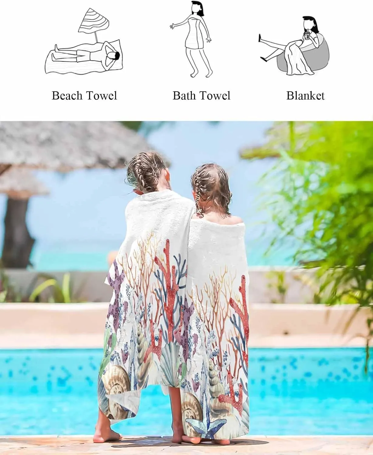 Quick-Drying Microfiber Beach Towel, Summer Ocean Soft Absorbent Bath Shower Towels, Coral Shell Conch Starfish Lightweight Portable Towel/Blanket for Travel/Swimming Pool/Camping/Yoga/Gym，35x70 Inch