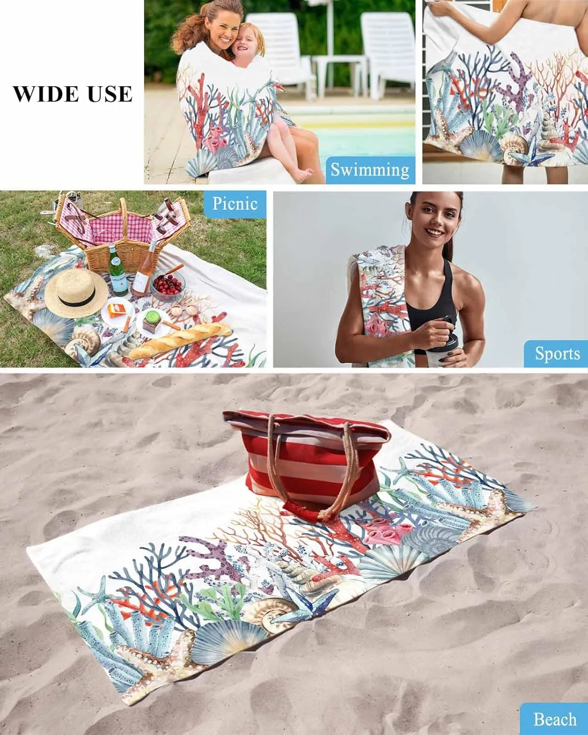 Quick-Drying Microfiber Beach Towel, Summer Ocean Soft Absorbent Bath Shower Towels, Coral Shell Conch Starfish Lightweight Portable Towel/Blanket for Travel/Swimming Pool/Camping/Yoga/Gym，35x70 Inch