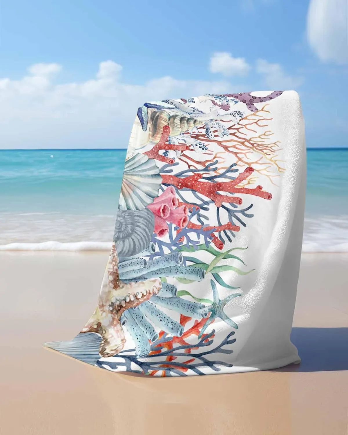 Quick-Drying Microfiber Beach Towel, Summer Ocean Soft Absorbent Bath Shower Towels, Coral Shell Conch Starfish Lightweight Portable Towel/Blanket for Travel/Swimming Pool/Camping/Yoga/Gym，35x70 Inch