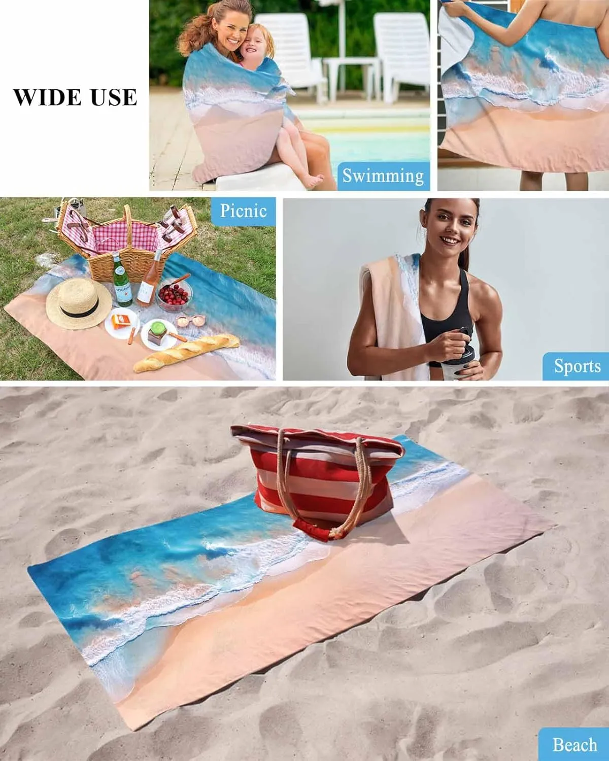 Quick-Drying Microfiber Beach Towel, Summer Ocean Vacation Beach Soft Absorbent Bath Shower Towels, Blue Lightweight Portable Towel/Blanket for Travel/Swimming Pool/Camping/Yoga/Gym，35x70 Inch