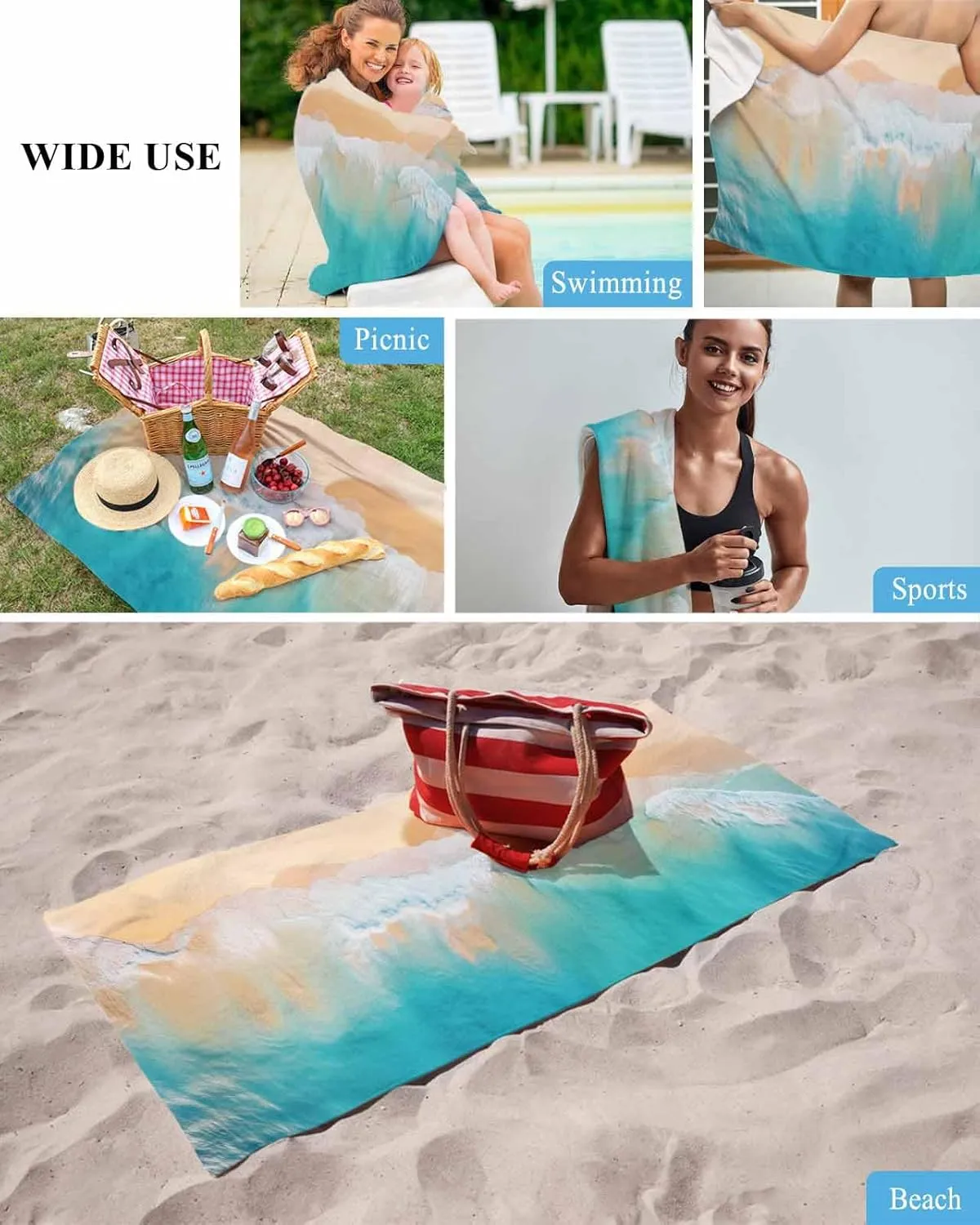 Quick-Drying Microfiber Beach Towel, Summer Ocean Vacation Beach Soft Absorbent Bath Shower Towels, Blue Lightweight Portable Towel/Blanket for Travel/Swimming Pool/Camping/Yoga/Gym，35x70 Inch