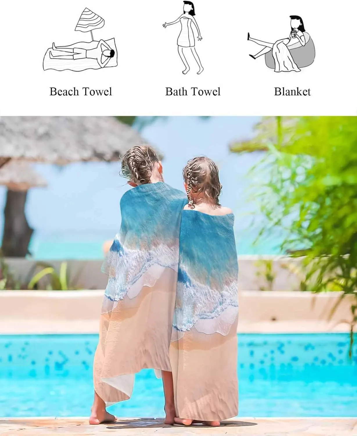 Quick-Drying Microfiber Beach Towel, Summer Ocean Vacation Beach Soft Absorbent Bath Shower Towels, Blue Lightweight Portable Towel/Blanket for Travel/Swimming Pool/Camping/Yoga/Gym，35x70 Inch