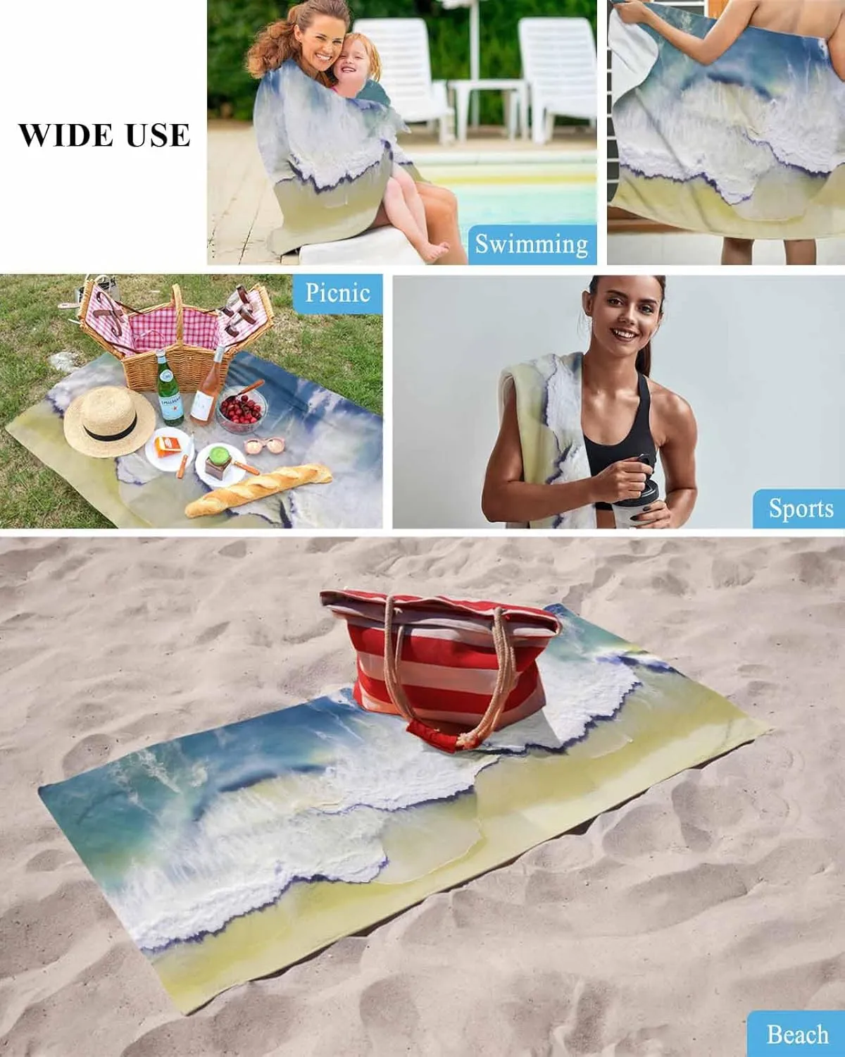 Quick-Drying Microfiber Beach Towel, Summer Ocean Vacation Beach Soft Absorbent Bath Shower Towels, Blue Lightweight Portable Towel/Blanket for Travel/Swimming Pool/Camping/Yoga/Gym，35x70 Inch