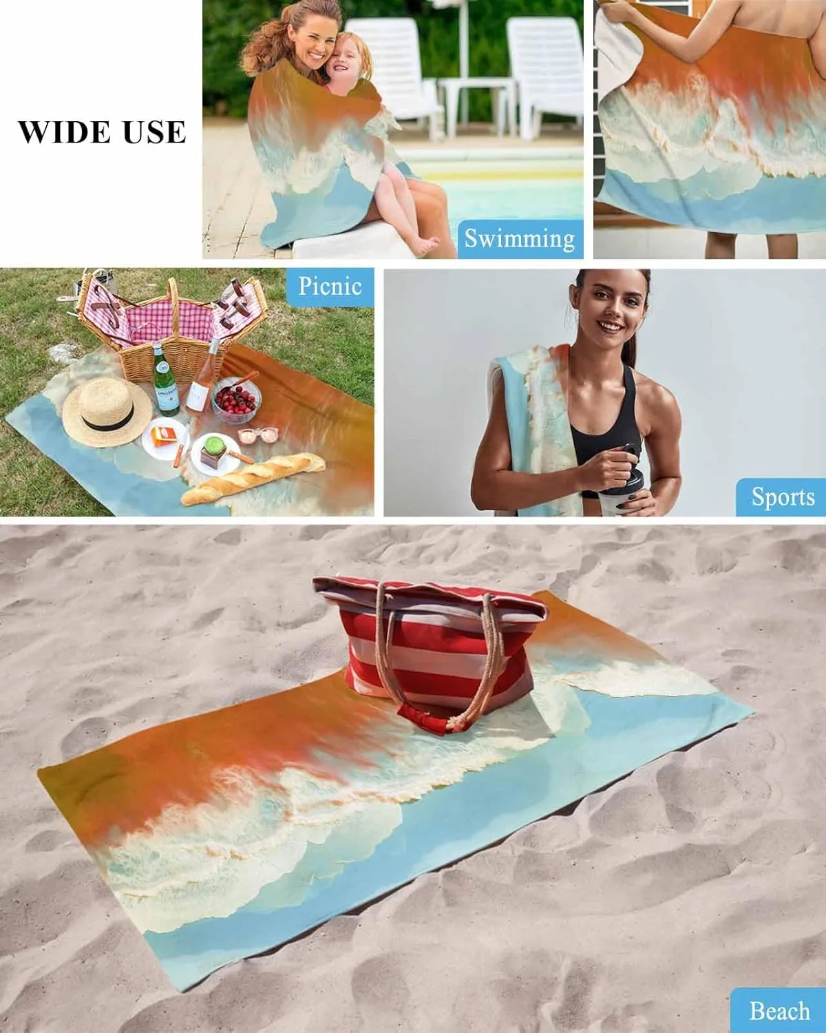 Quick-Drying Microfiber Beach Towel, Summer Ocean Vacation Beach Soft Absorbent Bath Shower Towels, Orange Lightweight Portable Towel/Blanket for Travel/Swimming Pool/Camping/Yoga/Gym，35x70 Inch