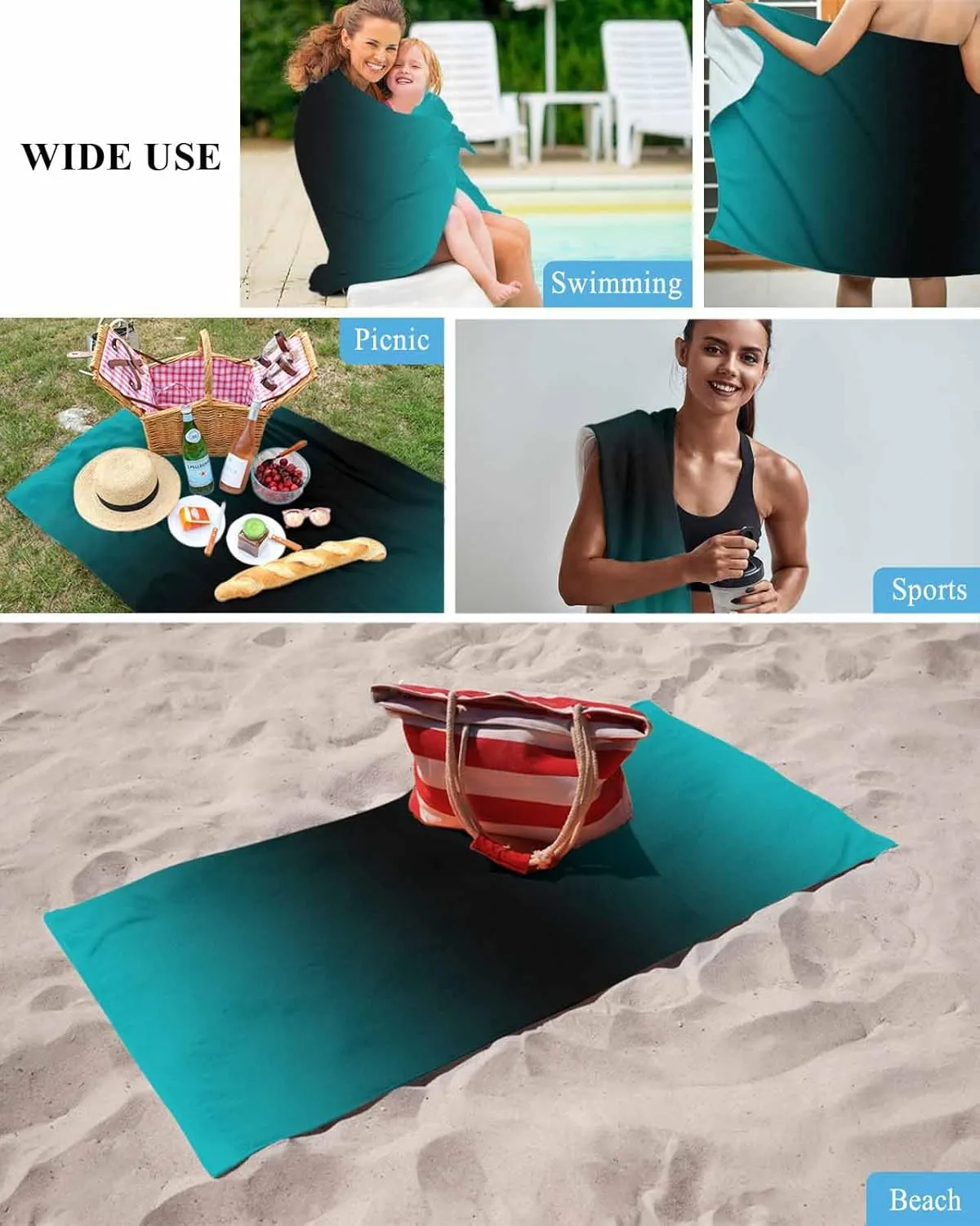 Quick-Drying Microfiber Beach Towel, Teal Black Simple Soft Absorbent Bath Shower Towels, Gradient Modern Lightweight Portable Towel/Blanket for Travel/Swimming Pool/Camping/Yoga/Gym，35x70 Inch