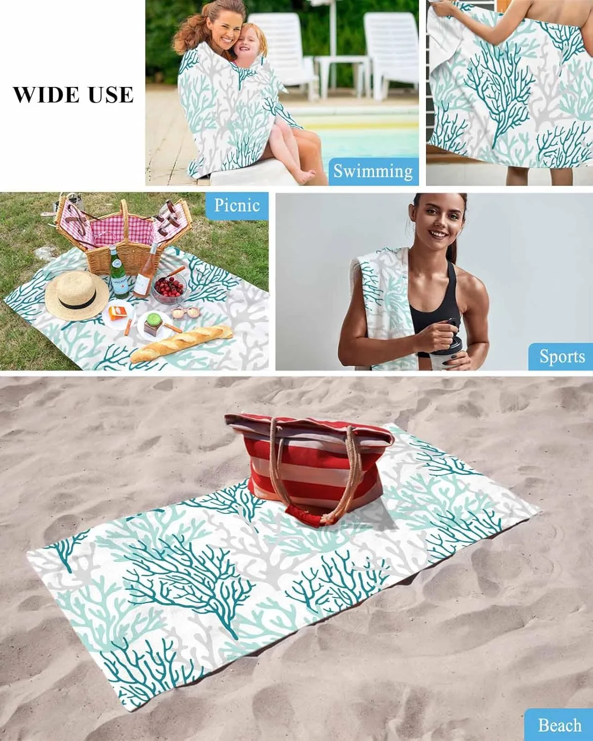 Quick-Drying Microfiber Beach Towel, Turquoise Coral Soft Absorbent Bath Shower Towels, Summer Ocean Gradient Lightweight Portable Towel/Blanket for Travel/Swimming Pool/Camping/Yoga/Gym，35x70 Inch