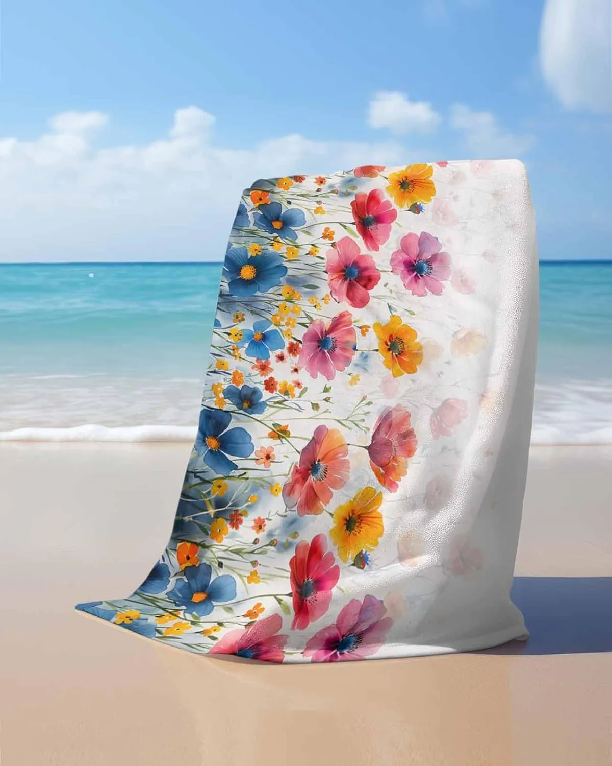 Quick-Drying Microfiber Beach Towel, Wildflowers Soft Absorbent Bath Shower Towels, Blue Orange Flowers Country Lightweight Portable Towel/Blanket for Travel/Swimming Pool/Camping/Yoga/Gym，35x70 Inch