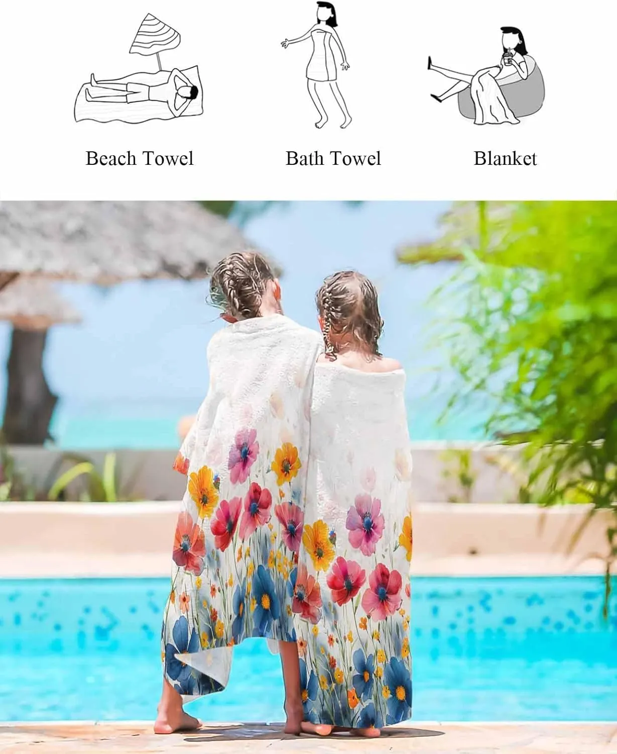 Quick-Drying Microfiber Beach Towel, Wildflowers Soft Absorbent Bath Shower Towels, Blue Orange Flowers Country Lightweight Portable Towel/Blanket for Travel/Swimming Pool/Camping/Yoga/Gym，35x70 Inch
