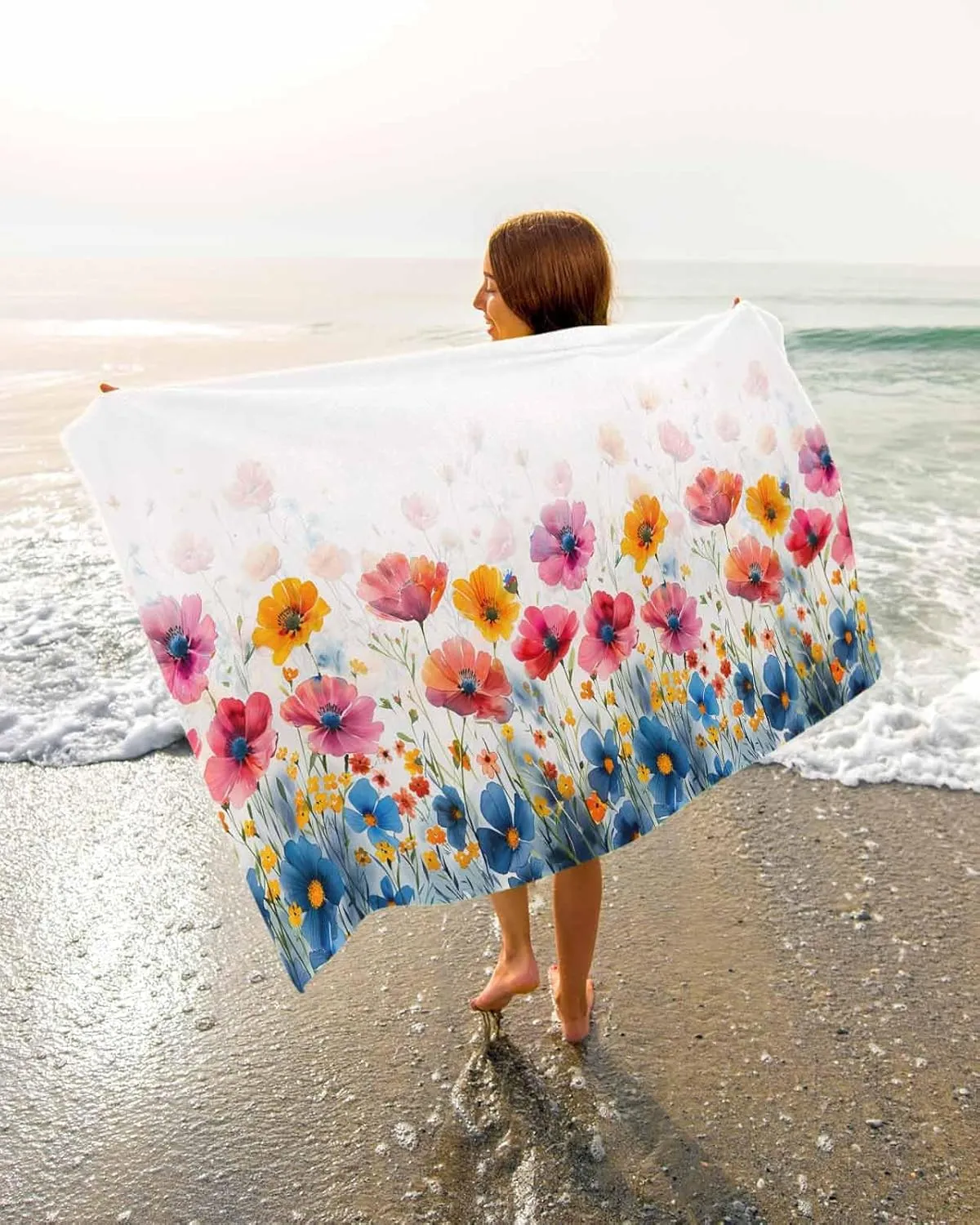 Quick-Drying Microfiber Beach Towel, Wildflowers Soft Absorbent Bath Shower Towels, Blue Orange Flowers Country Lightweight Portable Towel/Blanket for Travel/Swimming Pool/Camping/Yoga/Gym，35x70 Inch