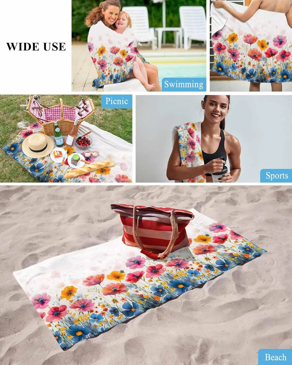 Quick-Drying Microfiber Beach Towel, Wildflowers Soft Absorbent Bath Shower Towels, Blue Orange Flowers Country Lightweight Portable Towel/Blanket for Travel/Swimming Pool/Camping/Yoga/Gym，35x70 Inch