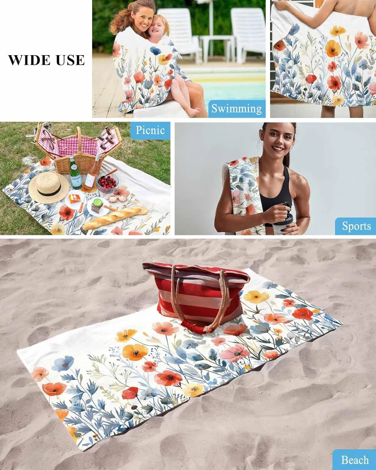 Quick-Drying Microfiber Beach Towel, Wildflowers Soft Absorbent Bath Shower Towels, Floral Rustic Farmhouse Lightweight Portable Towel/Blanket for Travel/Swimming Pool/Camping/Yoga/Gym，35x70 Inch