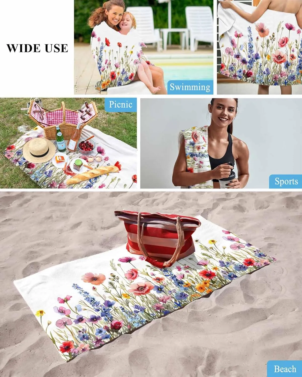 Quick-Drying Microfiber Beach Towel, Wildflowers Soft Absorbent Bath Shower Towels, Floral Rustic Farmhouse Lightweight Portable Towel/Blanket for Travel/Swimming Pool/Camping/Yoga/Gym，35x70 Inch