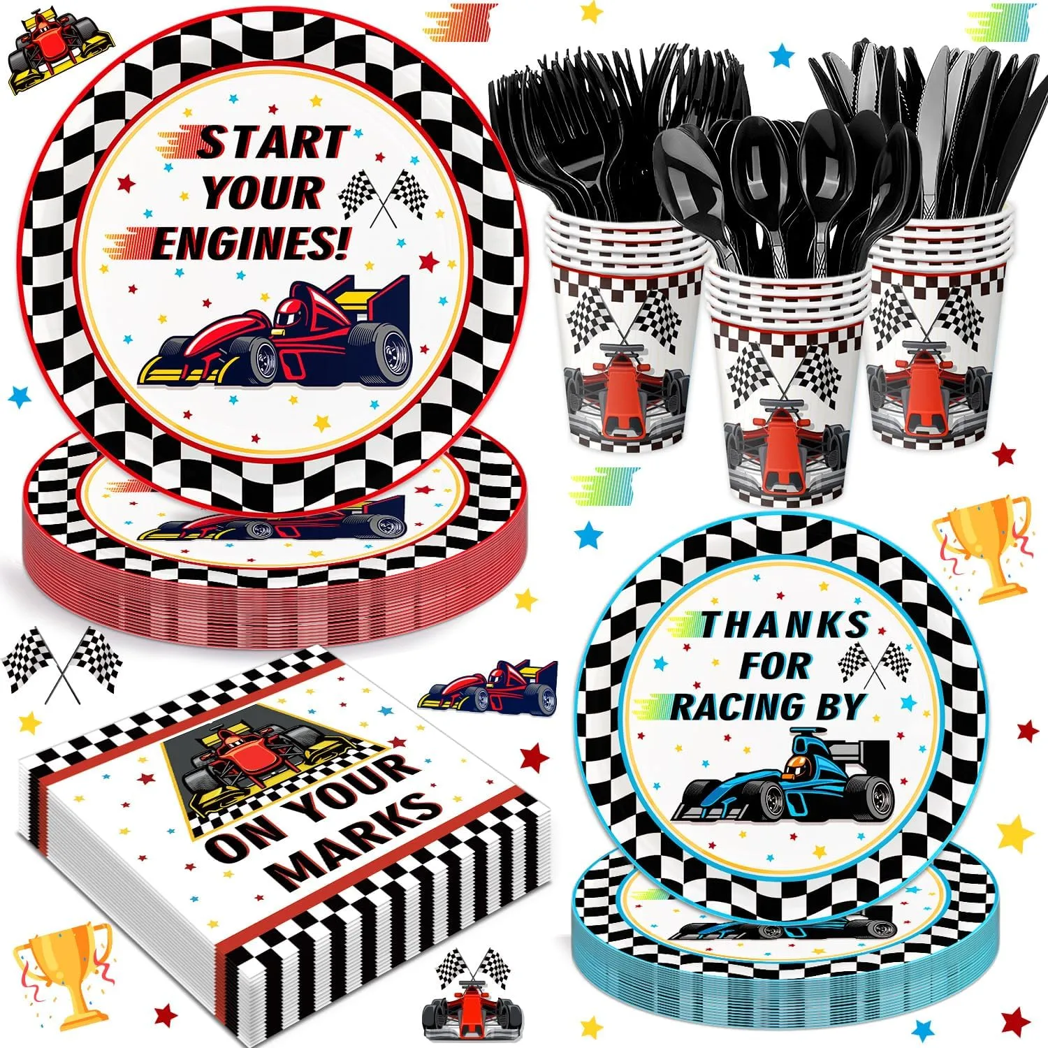 Race Car Birthday Party Supplies Tableware Racing Car Party Decorations Include Plates, Napkins, Cups, Cutlery for Race Car Theme Birthday Decorations, Serve 24