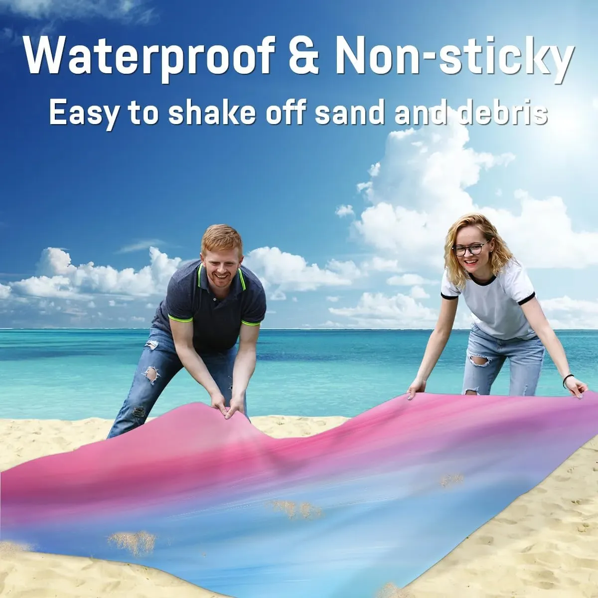 Rainbow Beach Blanket, Sandproof Beach Mat, 68 x 59 Waterproof Quick Drying Sand Free Mat with 4 x Ground Spikes for Outdoor Travel Camping Hiking, Boho Colorful Multicolour