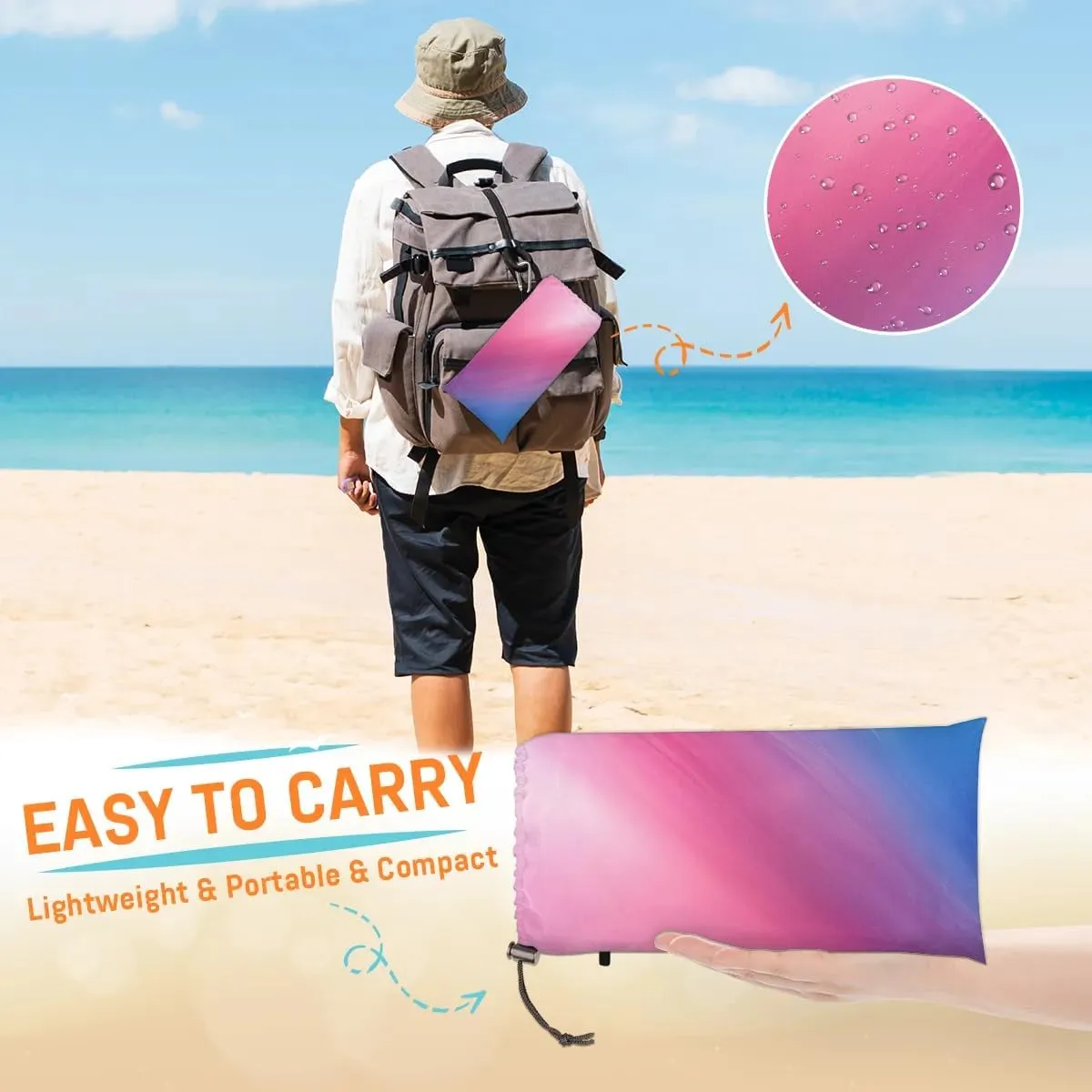 Rainbow Beach Blanket, Sandproof Beach Mat, 68 x 59 Waterproof Quick Drying Sand Free Mat with 4 x Ground Spikes for Outdoor Travel Camping Hiking, Boho Colorful Multicolour