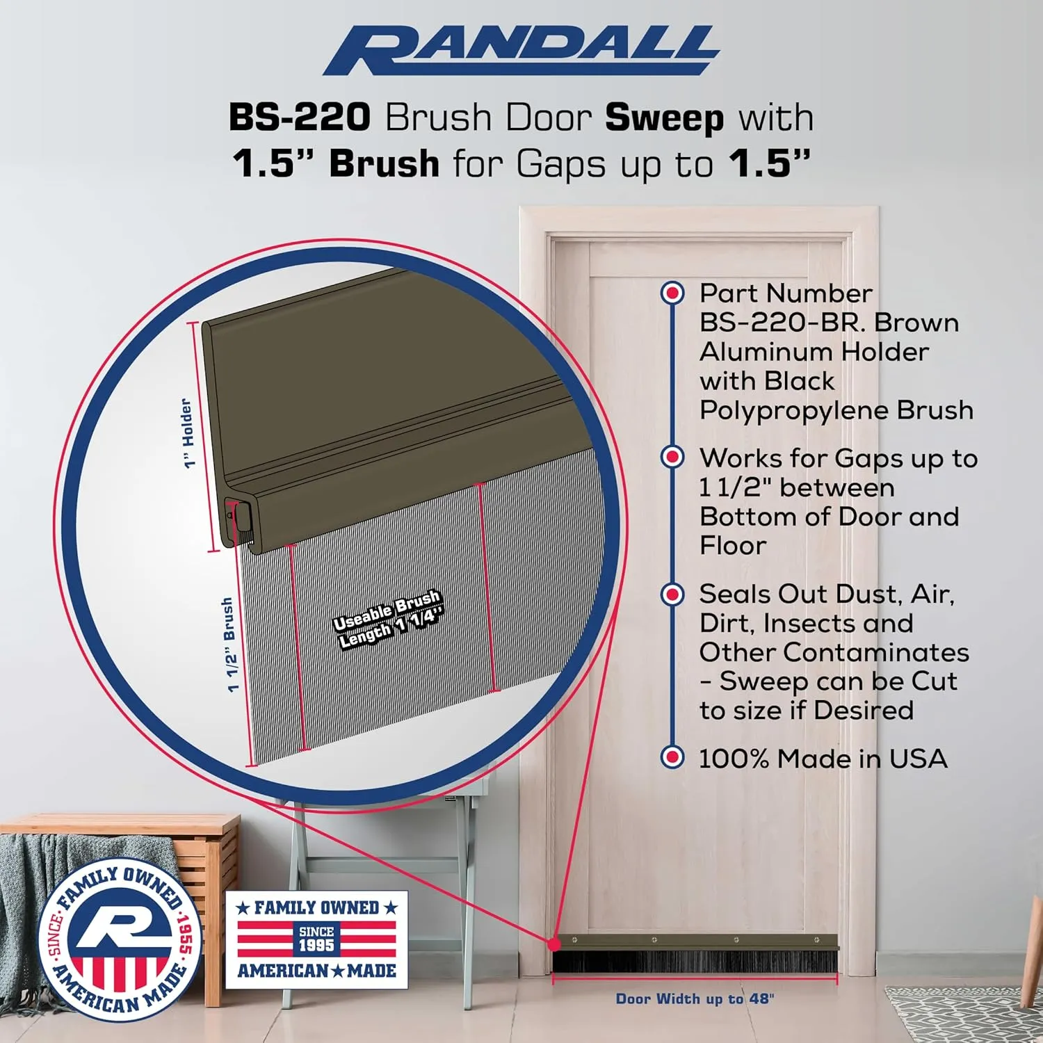 Randall Manufacturing Co., Inc | Door Sweeps – Aluminum & Brush | Brush Sweeps for Gaps Up to 1 ½” | Brown Trim with Black Brush | 4 FT | Fill Gaps & Keep Unwanted Debris Out
