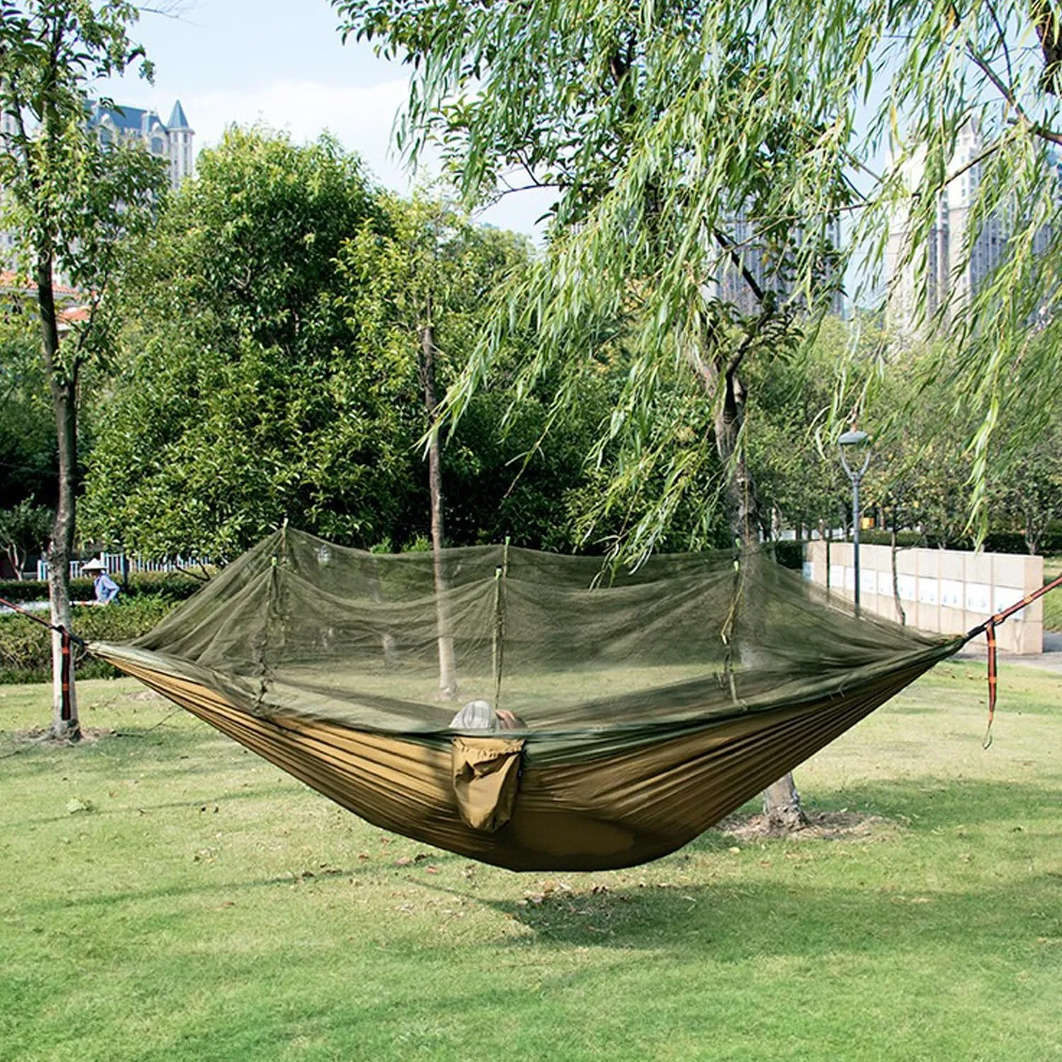 RANIT Camping Hammock with Net, 210T Parachute Nylon Fabric,Single Lightweight Portable Hammocks,Parachute Hammock for Camping, Outdoor Backyard Backpacking,Hiking (Army Green)