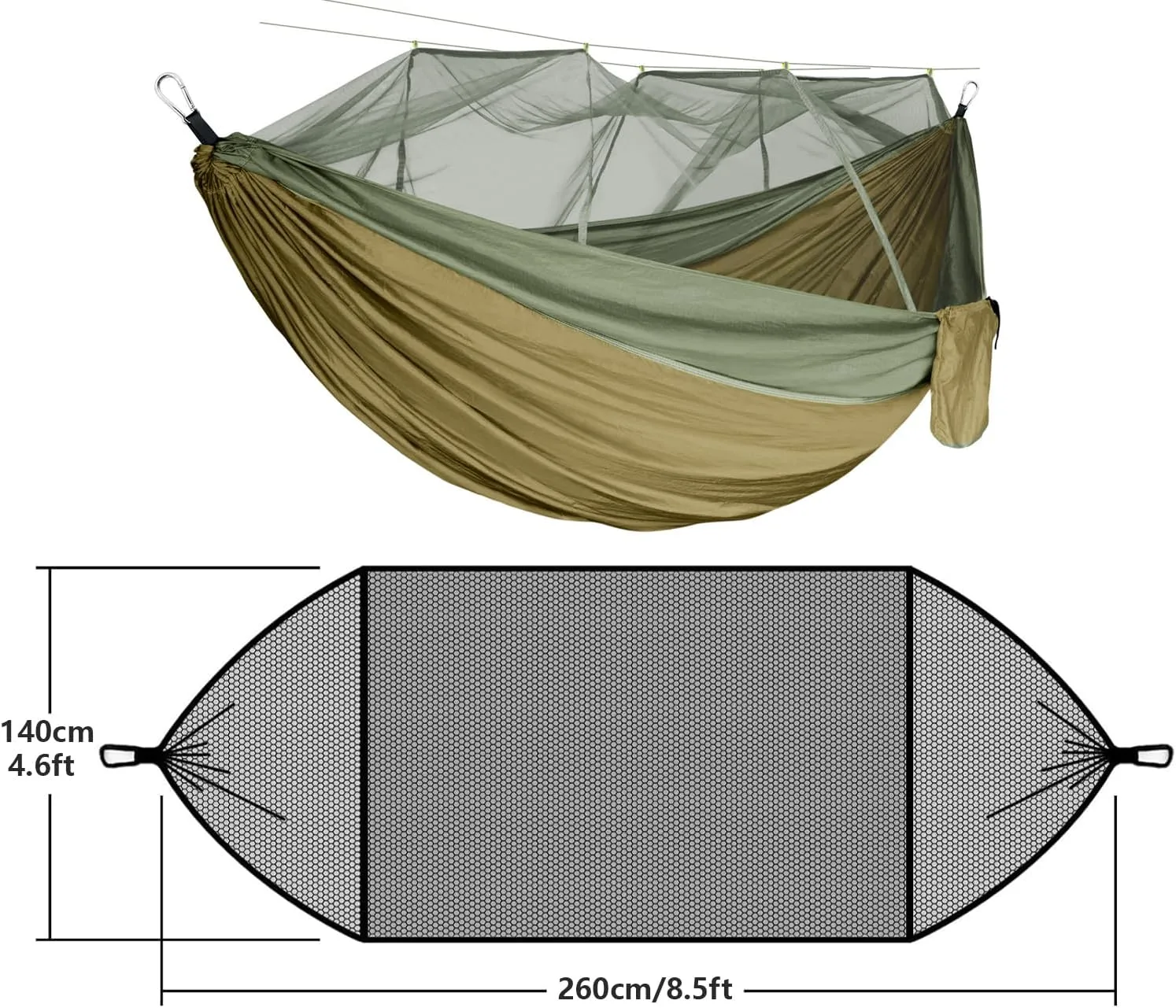 RANIT Camping Hammock with Net, 210T Parachute Nylon Fabric,Single Lightweight Portable Hammocks,Parachute Hammock for Camping, Outdoor Backyard Backpacking,Hiking (Army Green)