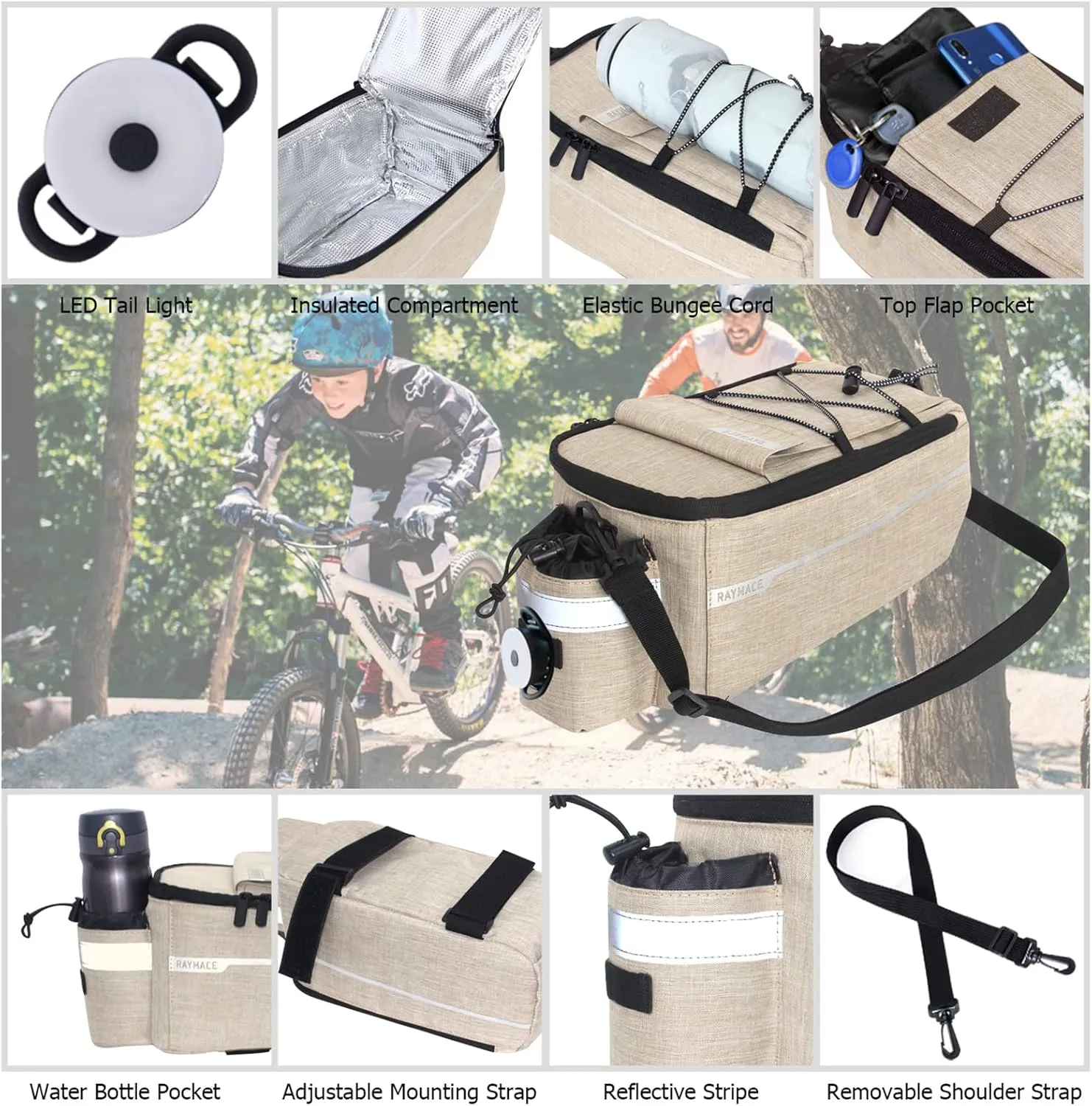 RAYMACE Bike Rear Rack Bag with Tail Light, Bike Truck Cooler Bag for Warm or Cold Items