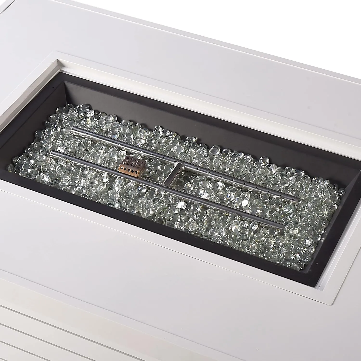 Rectangular 48 in. x 36 in. Aluminum Propane Fire Pit Table, Glass Beads, Two Covers, Lid, 57,000 BTUs in White Finish