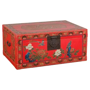 Red Lacquer Trunk with Flowers, Birds and Calligraphy Motifs