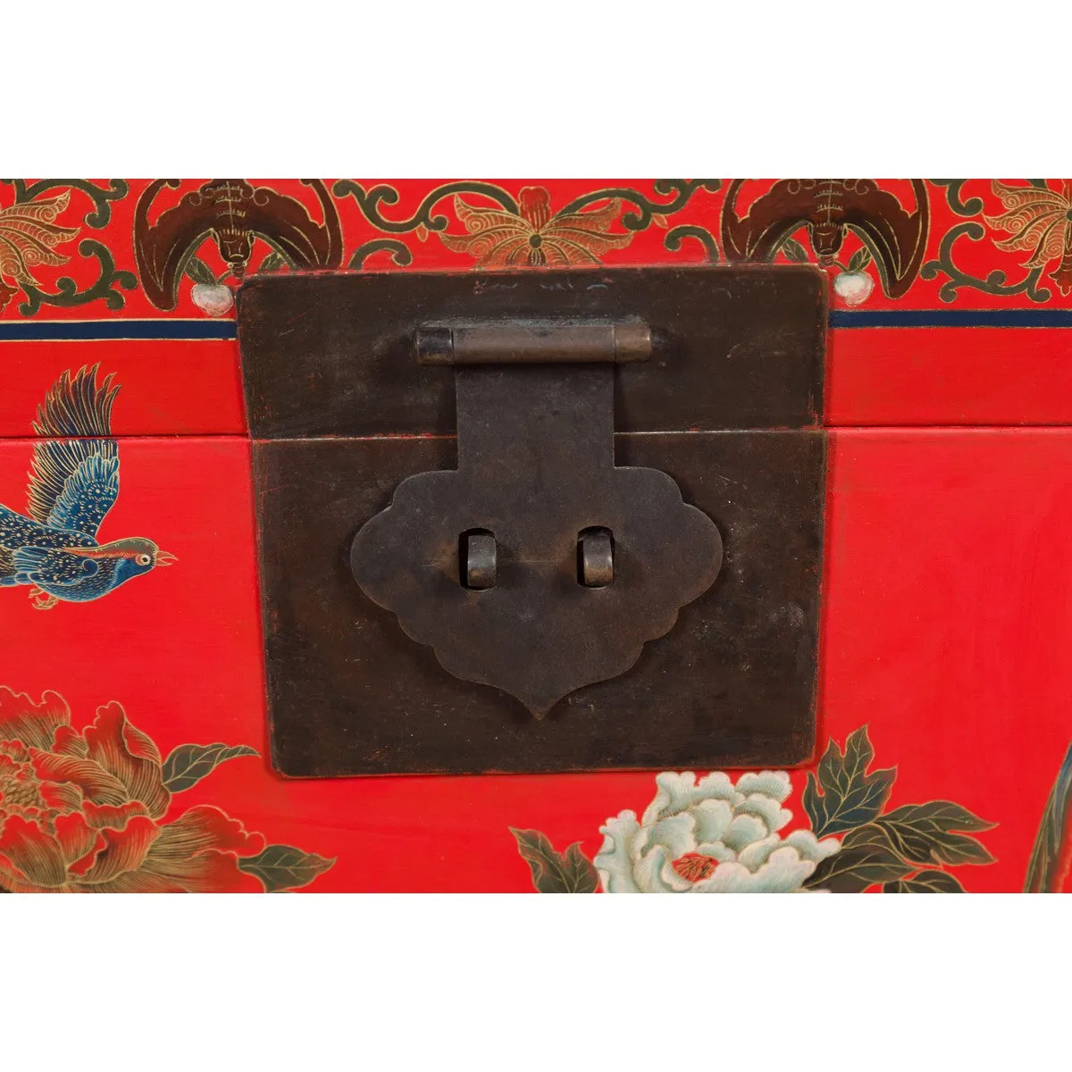 Red Lacquer Trunk with Flowers, Birds and Calligraphy Motifs