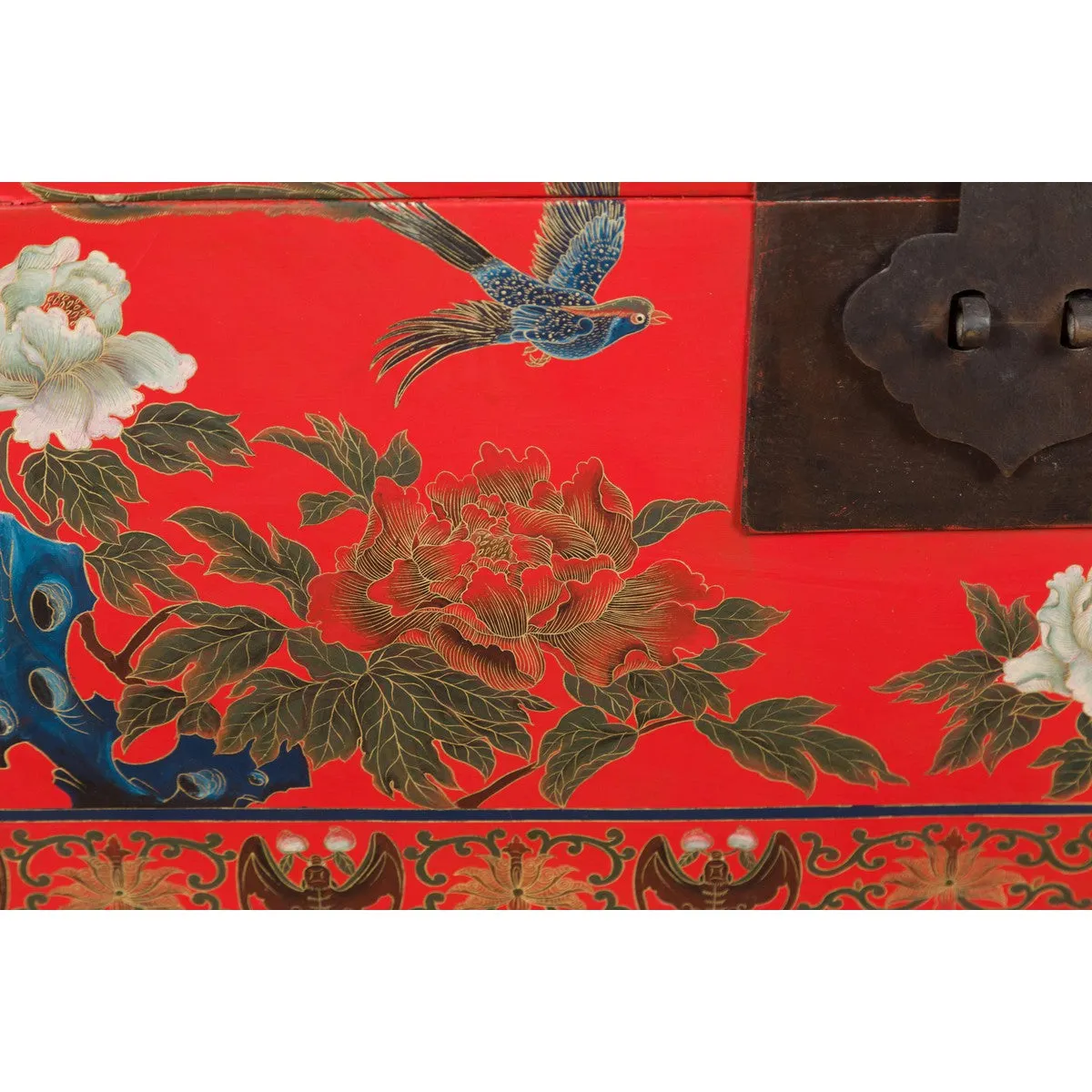 Red Lacquer Trunk with Flowers, Birds and Calligraphy Motifs