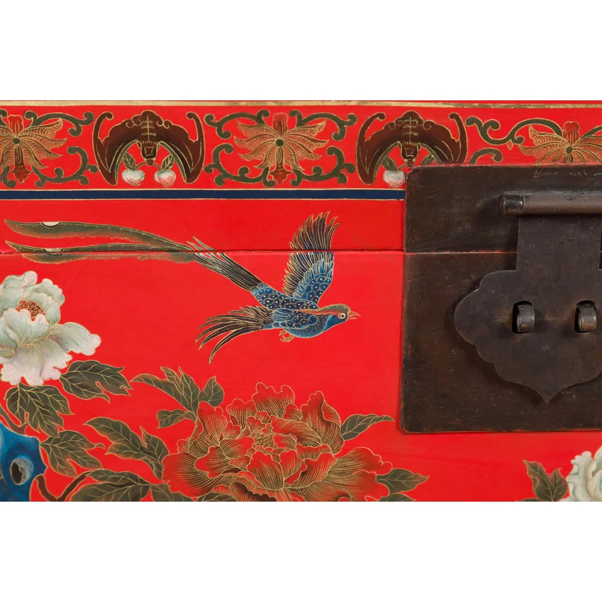 Red Lacquer Trunk with Flowers, Birds and Calligraphy Motifs